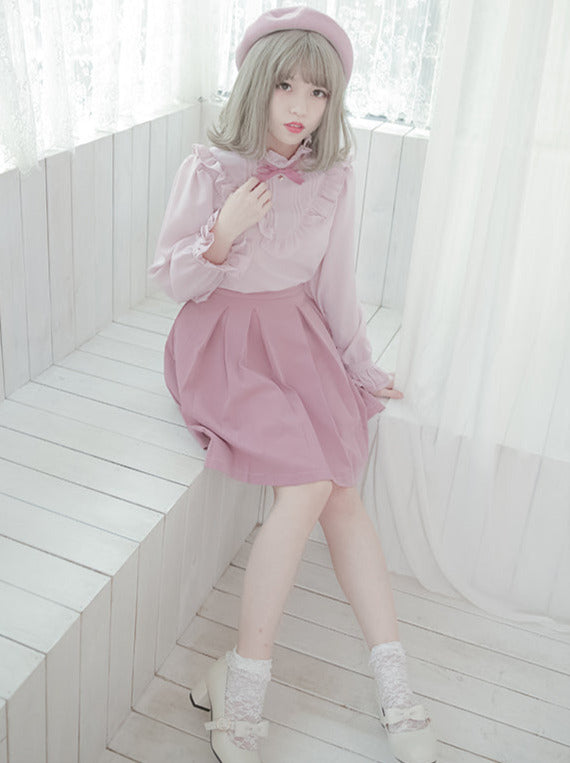 Stardew Ruffle Stand Collar Lantern Sleeve Chiffon Shirt