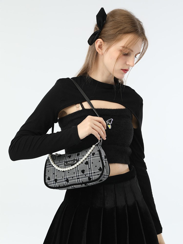 アメリカンレトロスイートクールラブチェックパールハンドルショルダーバッグ