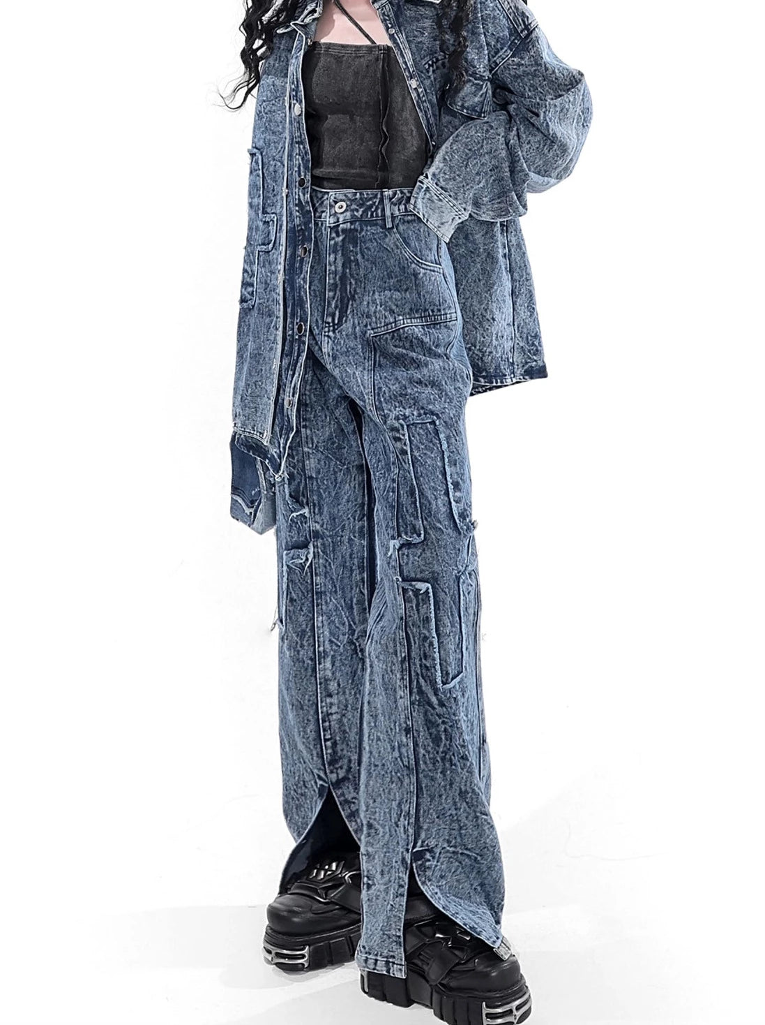 ウォッシュヘビーデューティースリットルーズスリミングクロスデニムパンツ