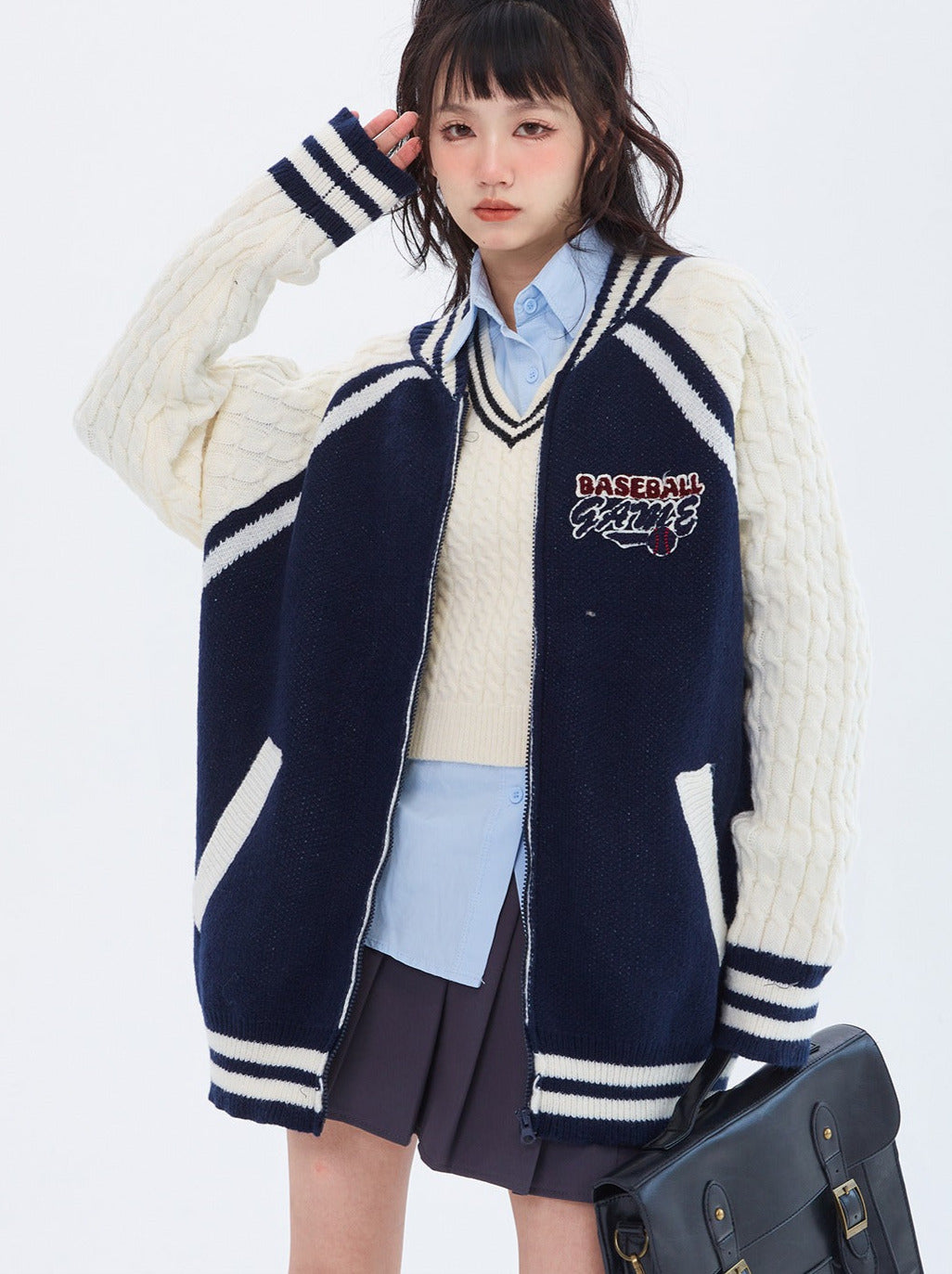 American Retro Contrast Twist Loose College Style Knit Jacket
