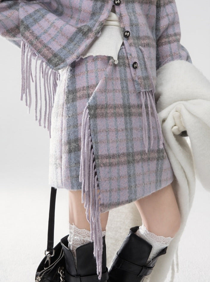 Twylight 紫色羊毛格纹流苏夹克+短裙