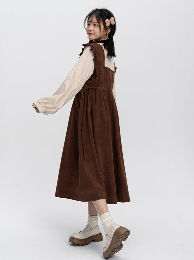 假两件式荷叶边露肩衬衫裙