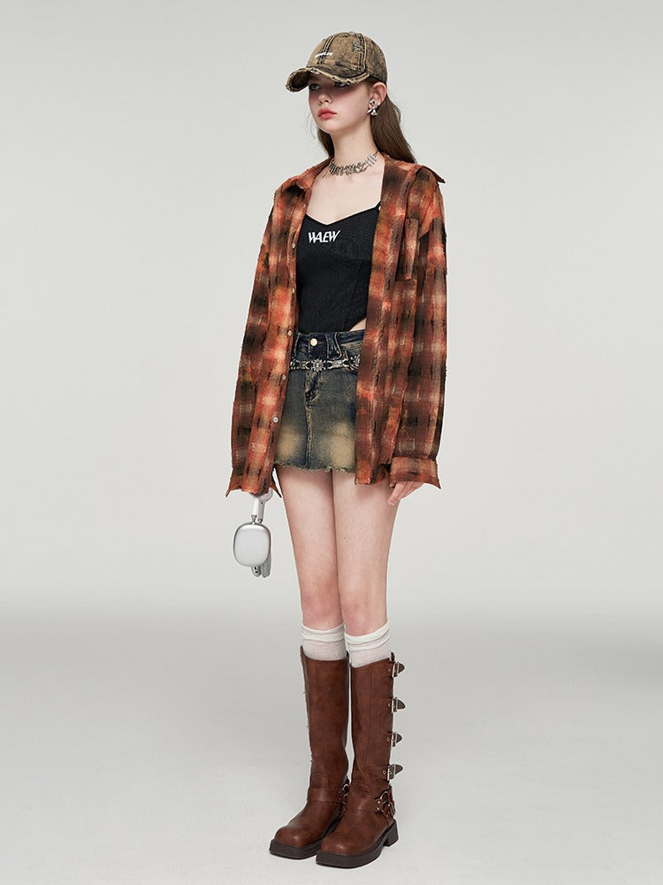 レトロオレンジチェックルーズシャツ