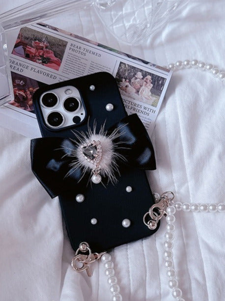 러브 다이아몬드 모피 리본 진주 크로스 바디 체인 스마트폰 케이스
