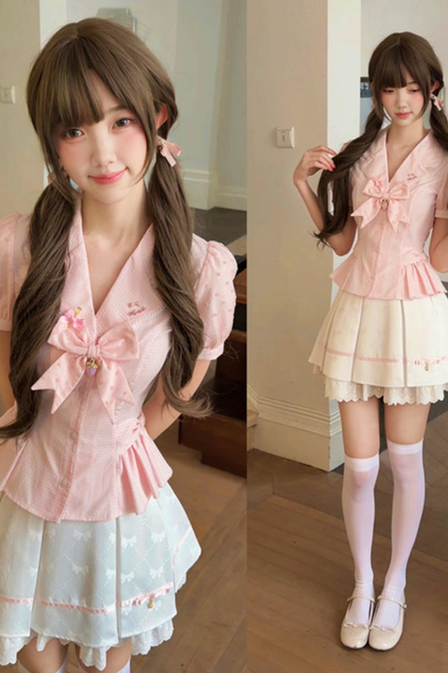 Erdbeerrosafarbene Polka-Dot-Bluse + Rock