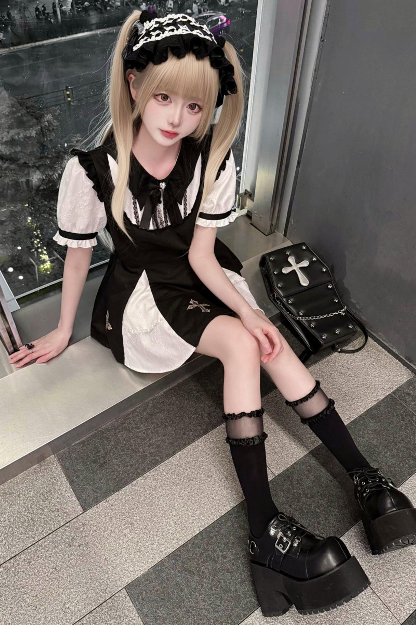 Dark Kawaii Cross Lace Dress + Shorts