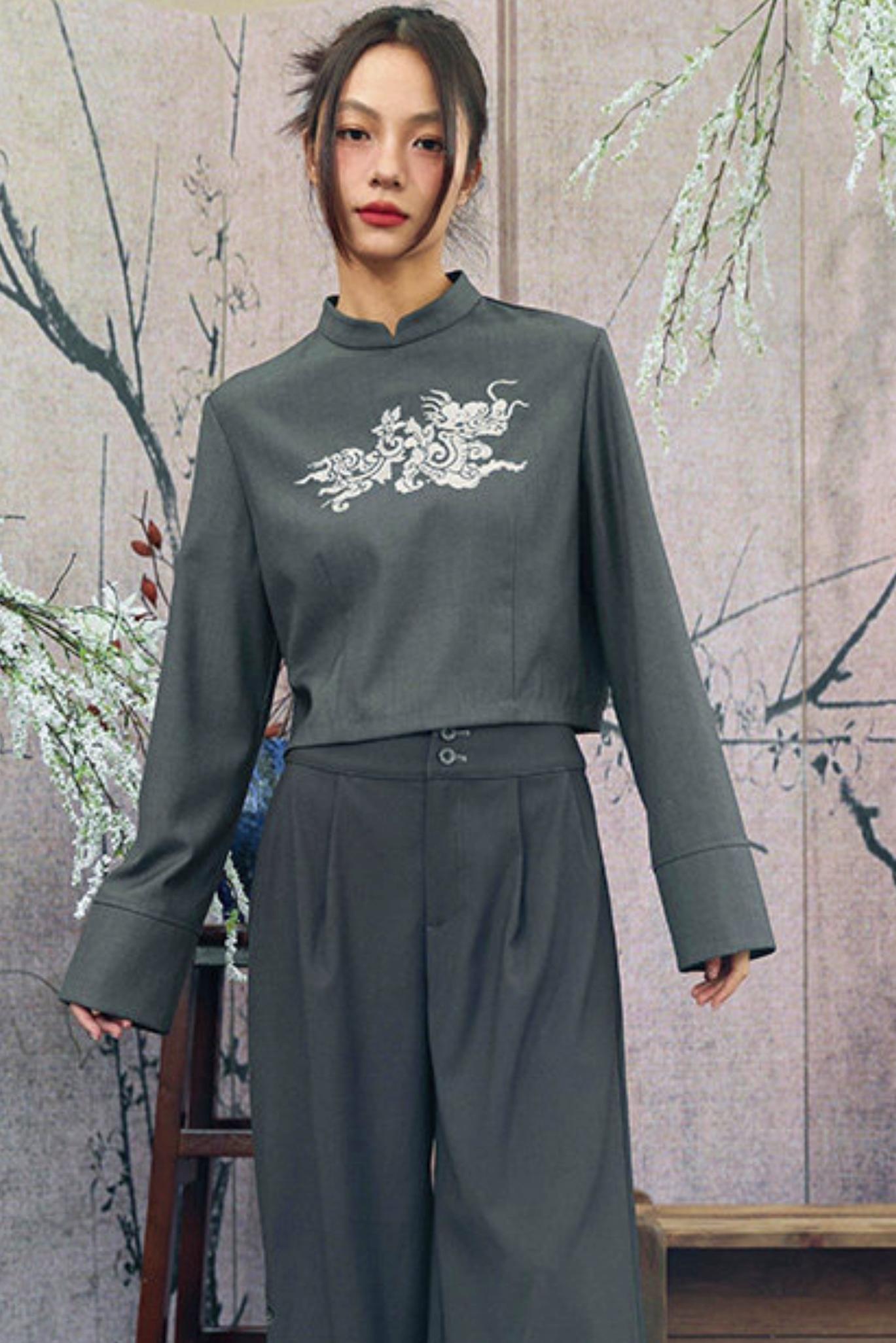 Gray x Black Embroidered High-Waist Wide-Leg Pants