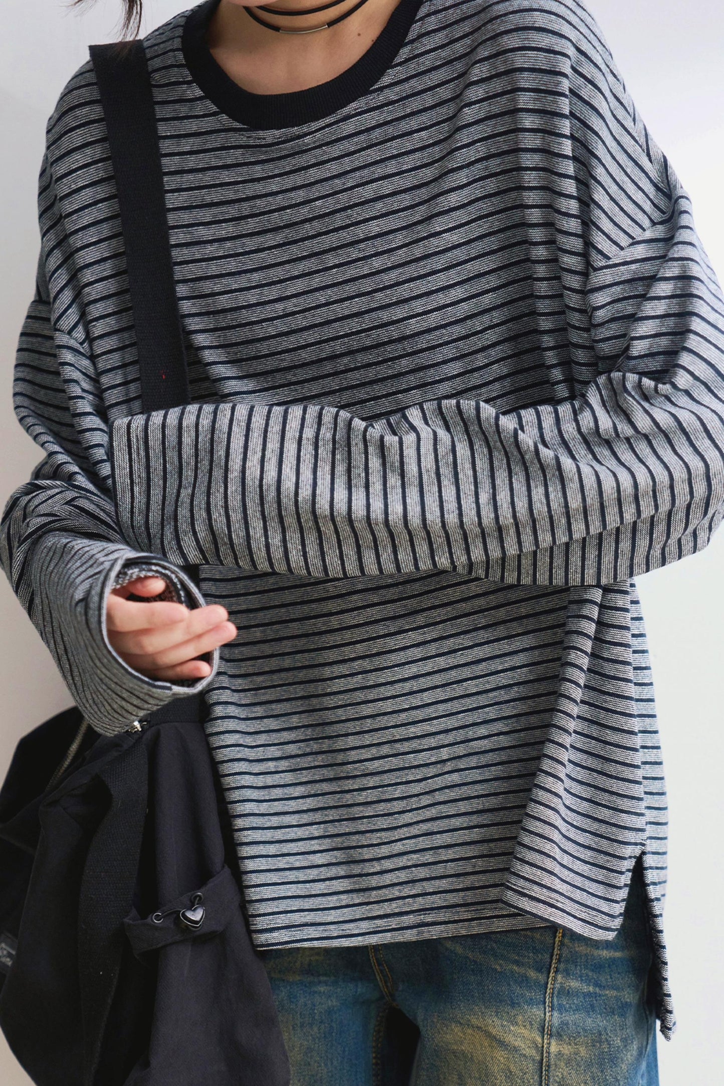 リラックスストライプクルーネックTシャツ