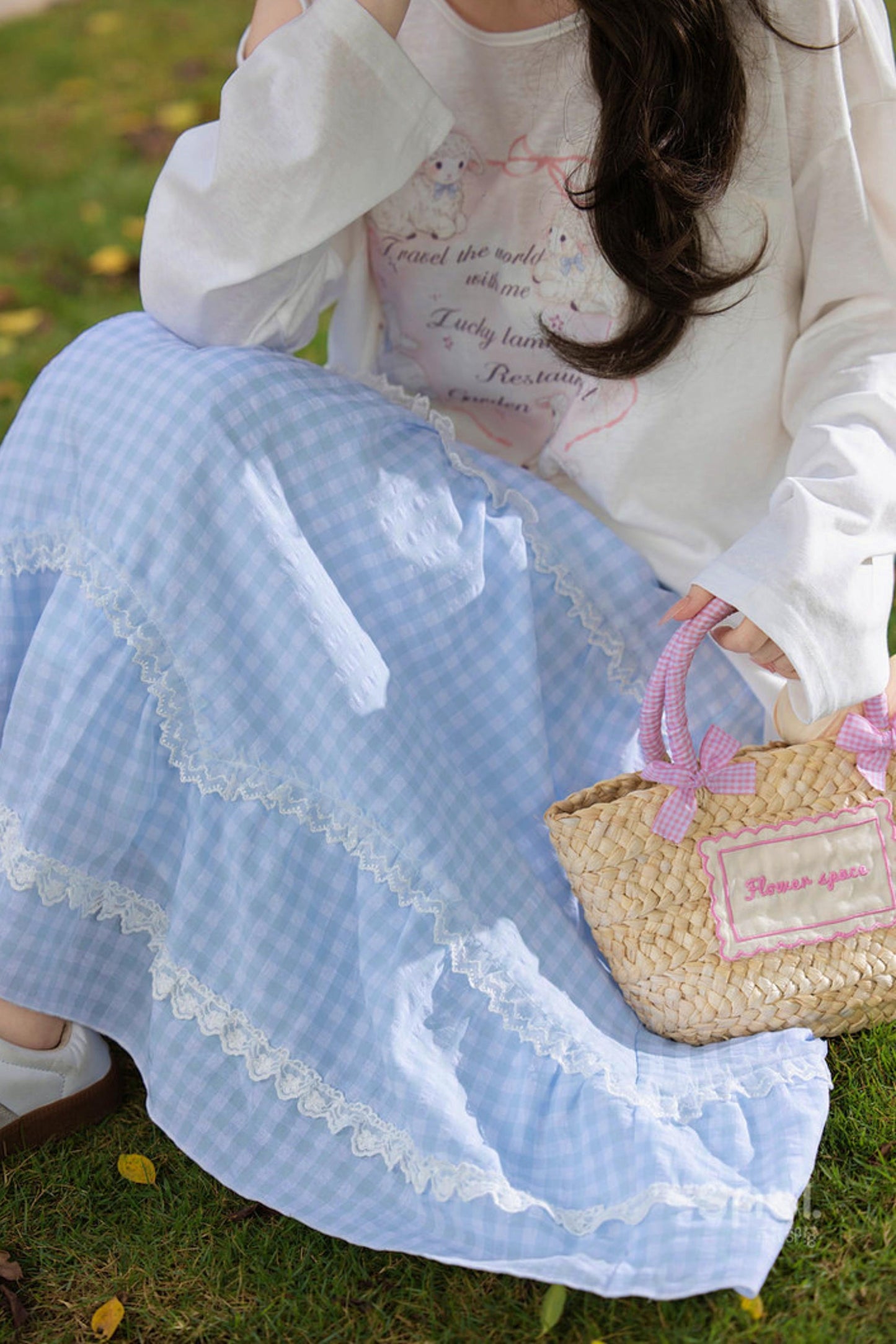 레이스 체크 롱 스커트