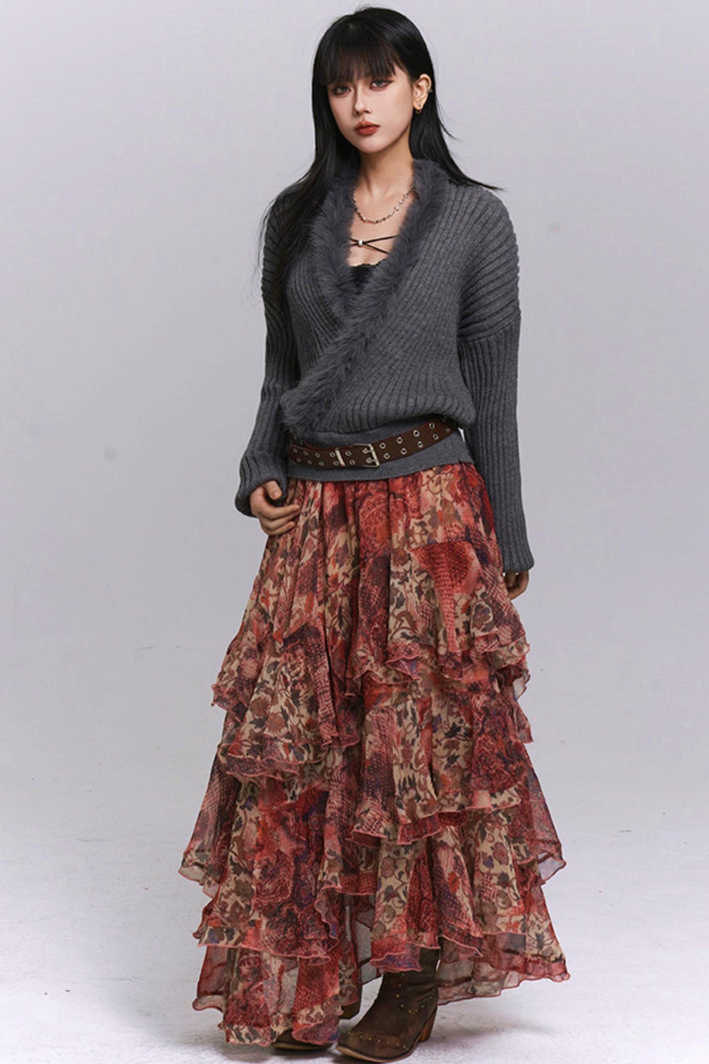 Red Floral Tiered Skirt