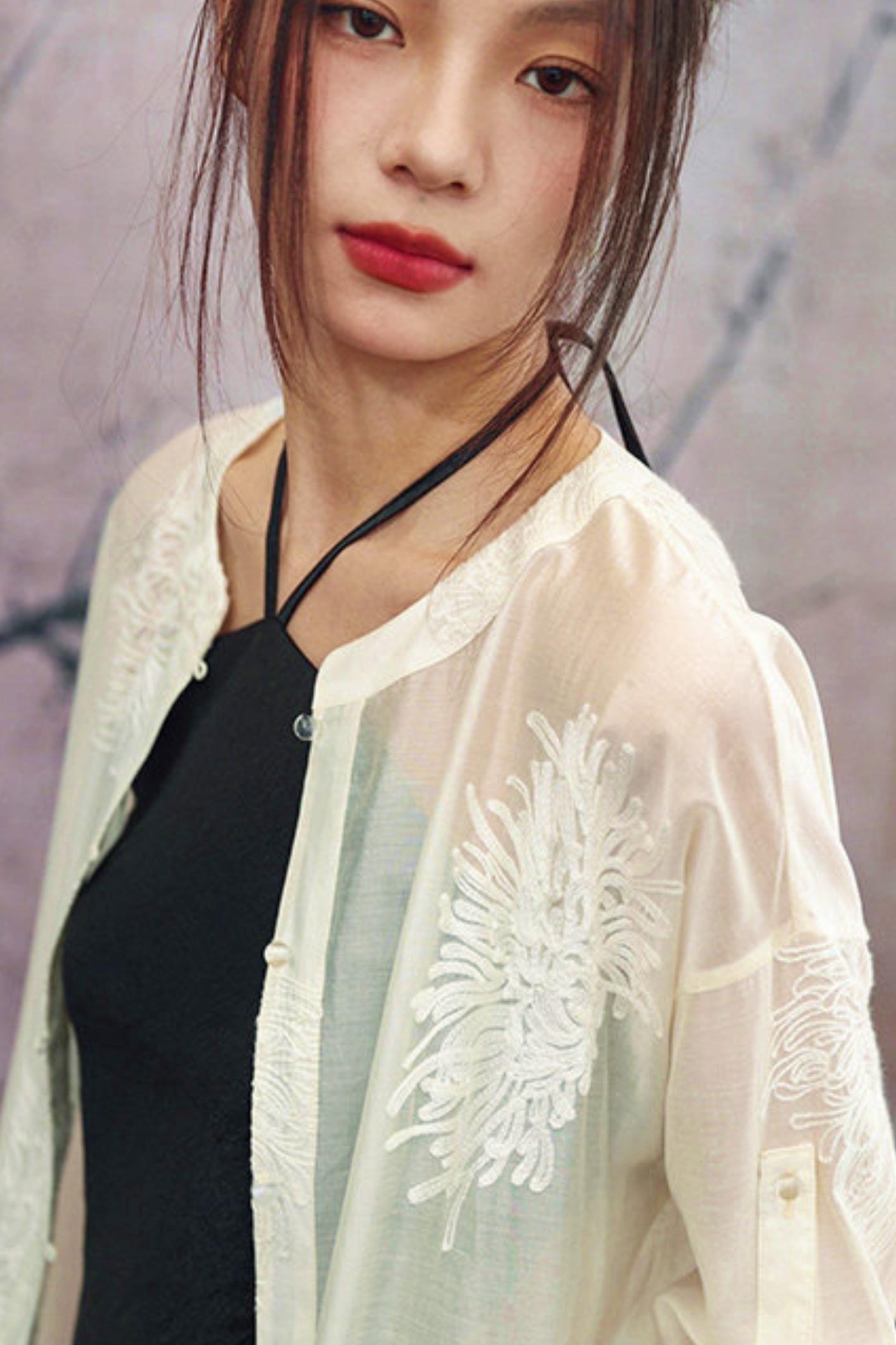 White Sheer Floral Embroidered Band-Collar Shirt Dress