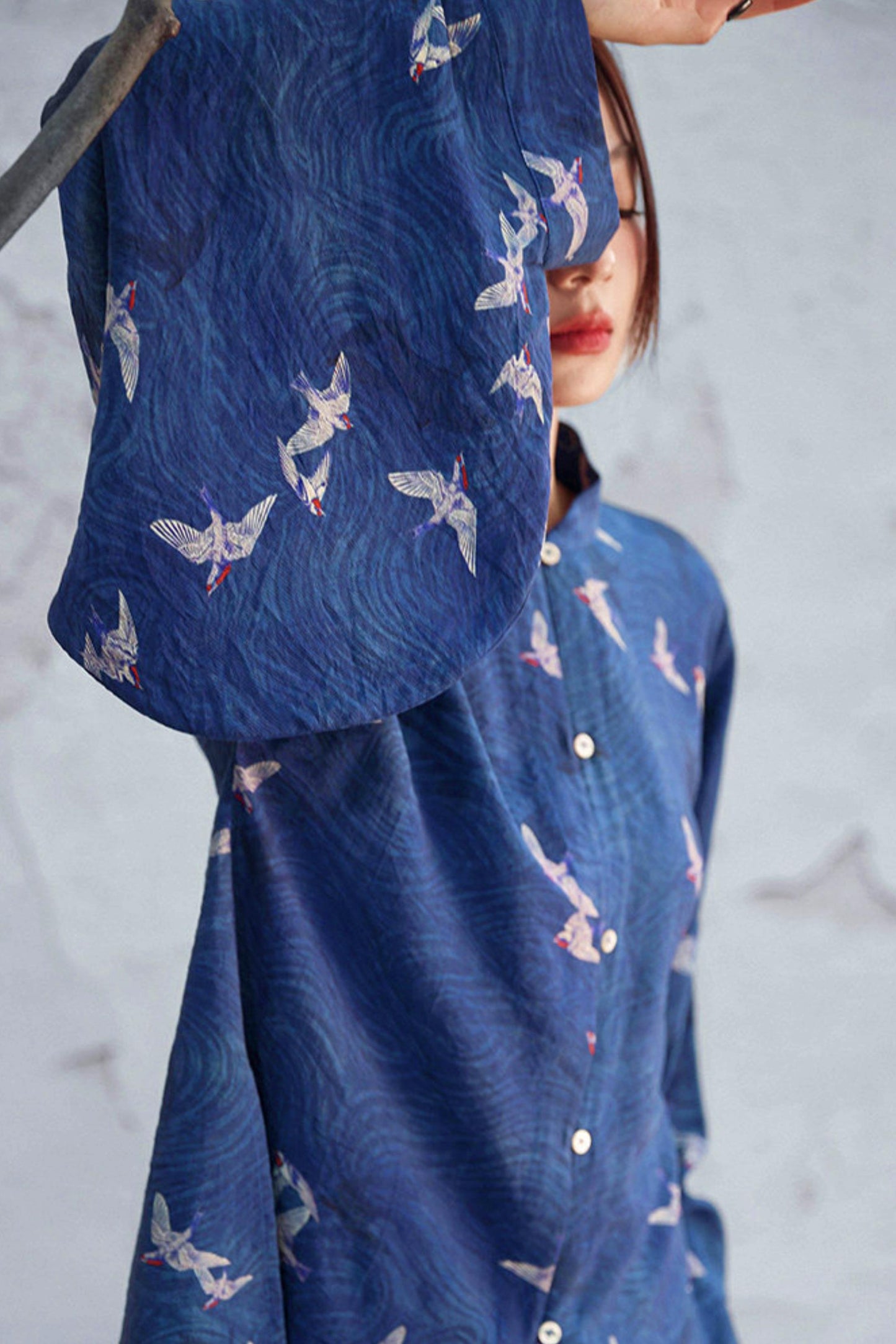 Dark Blue Retro Bird Pattern Stand Collar Shirt