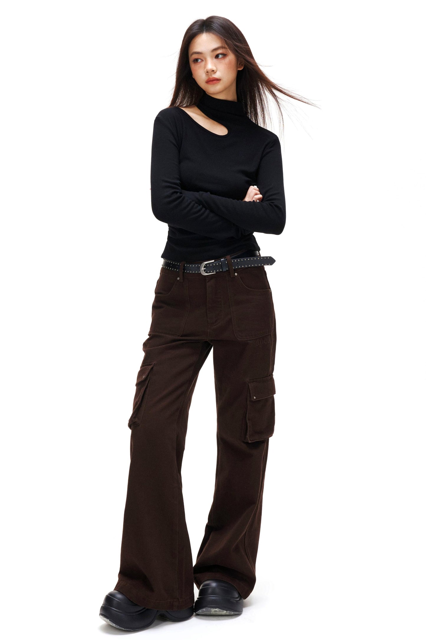 Thin Velvet Pleated Turtleneck Top