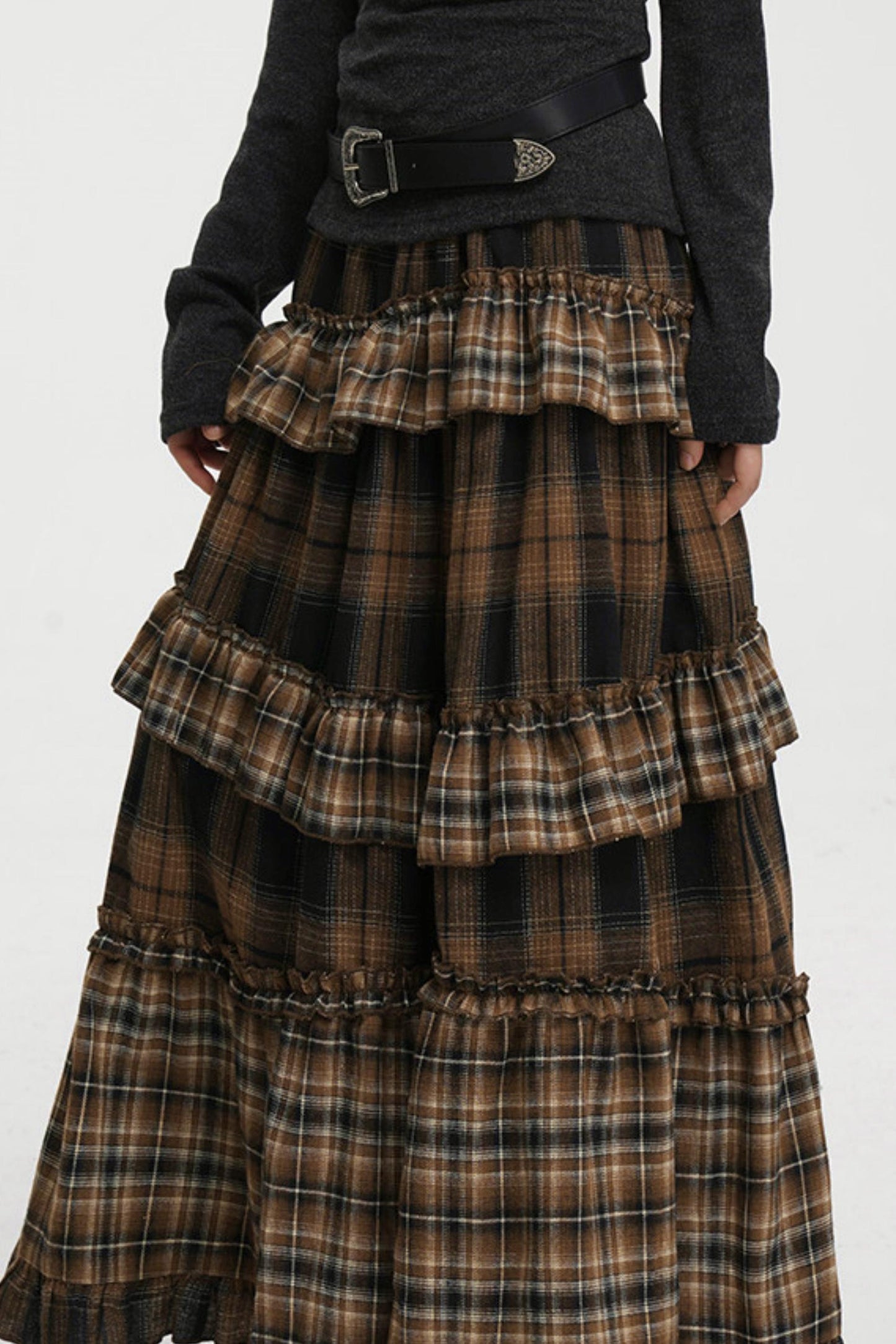 Vintage Plaid Tiered Long Skirt