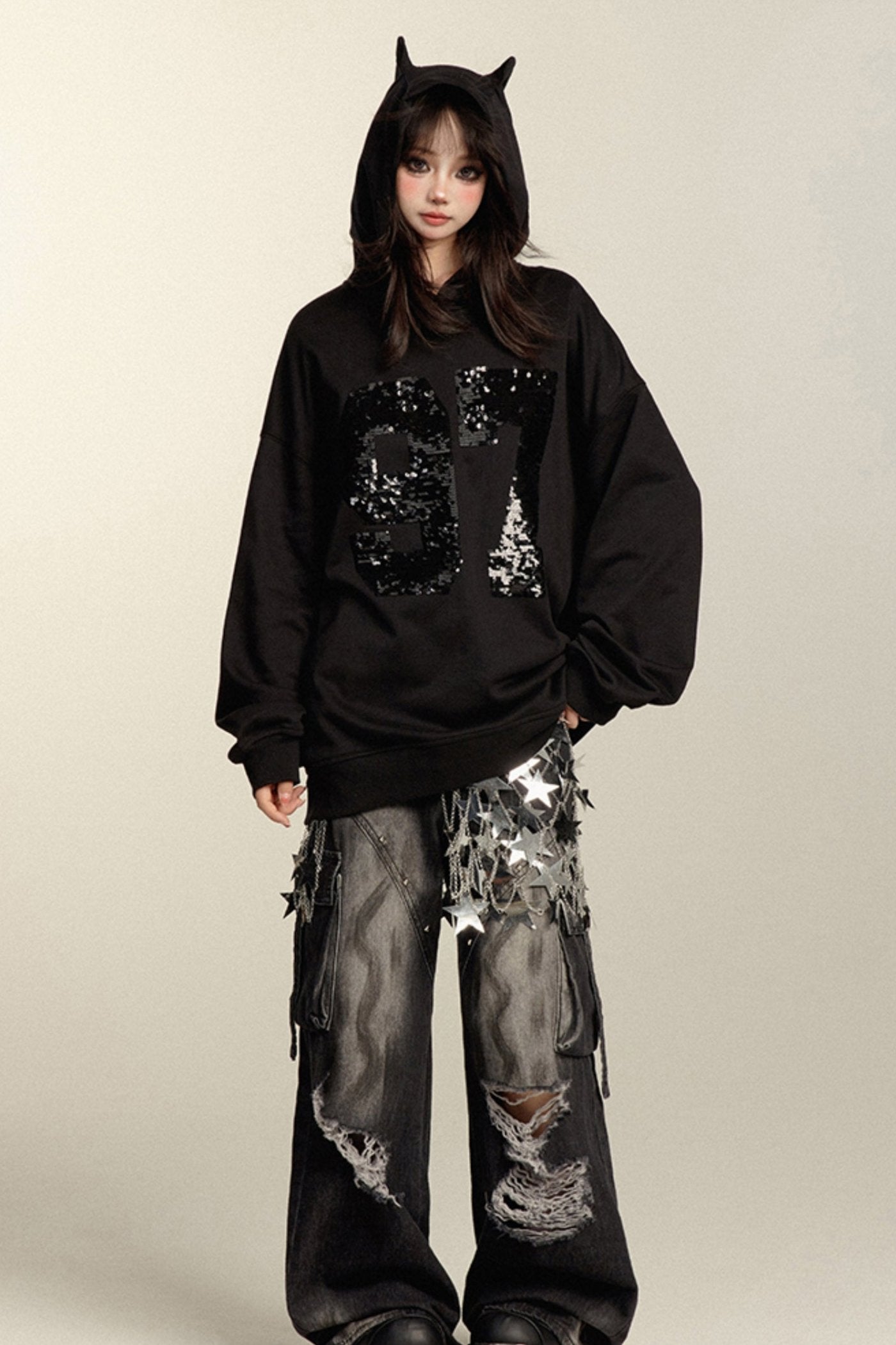 Black Ripped Loose Wide Leg Jeans