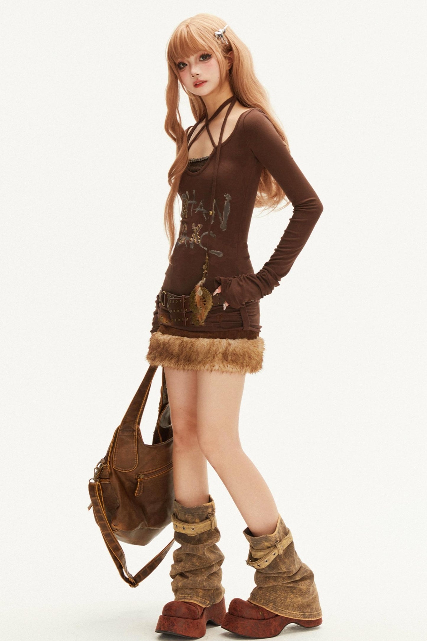 レトロレースアップスリムTシャツセットアップ