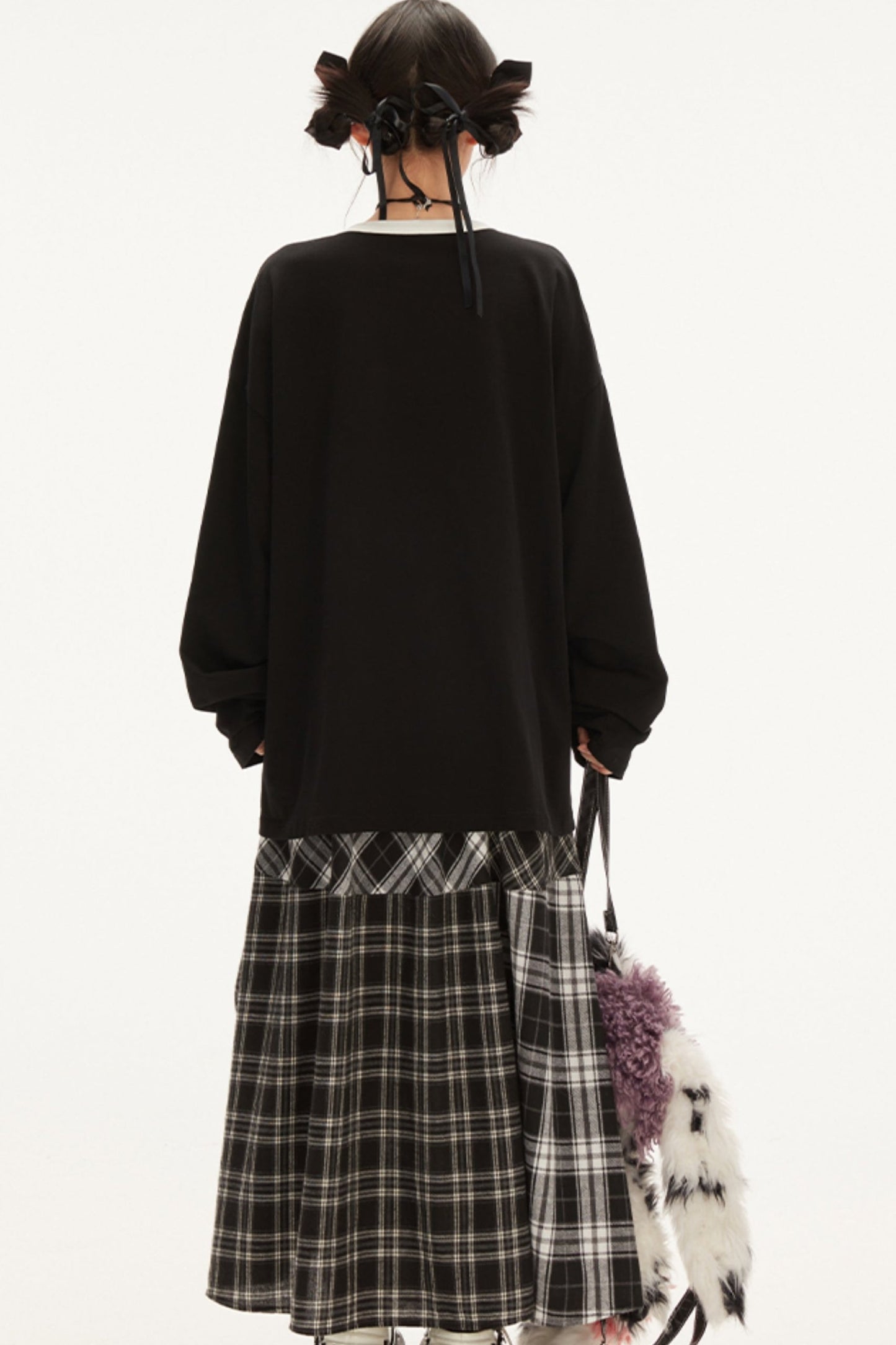 High Waist Check Panel A-Line Skirt