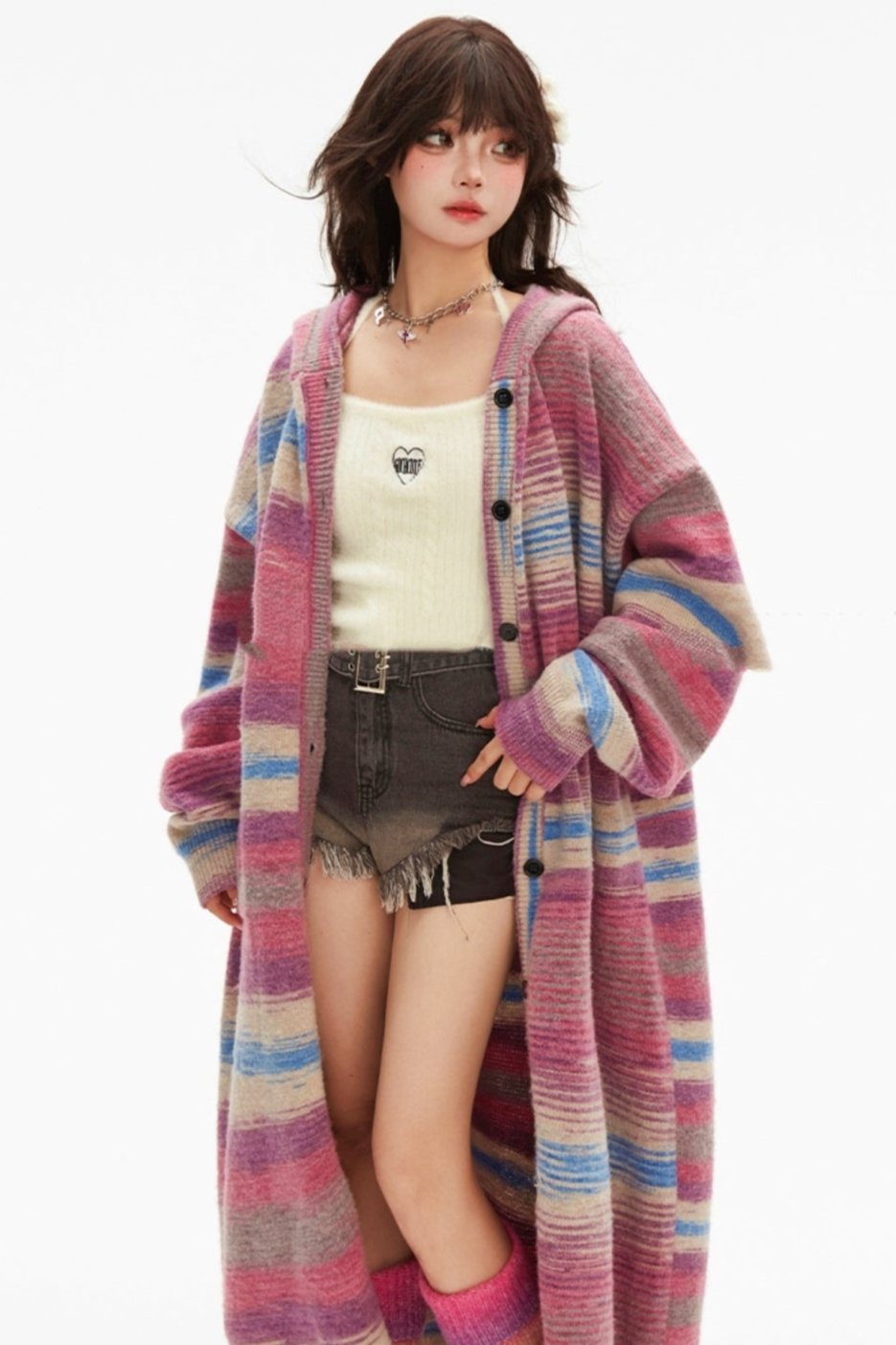 Contrast Pink Stripe Hooded Cardigan