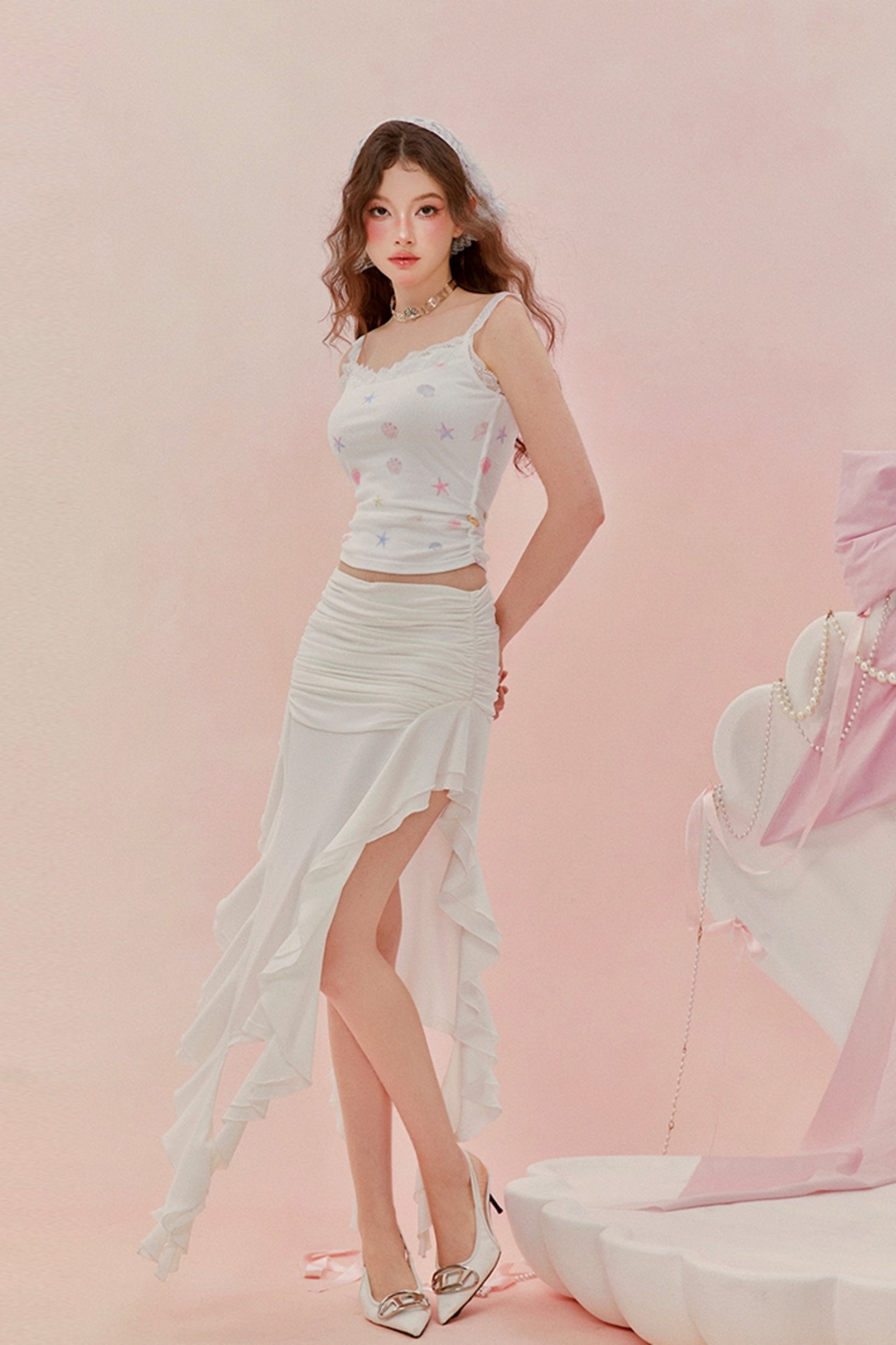 マリンプリントレーストリムメッシュトップ