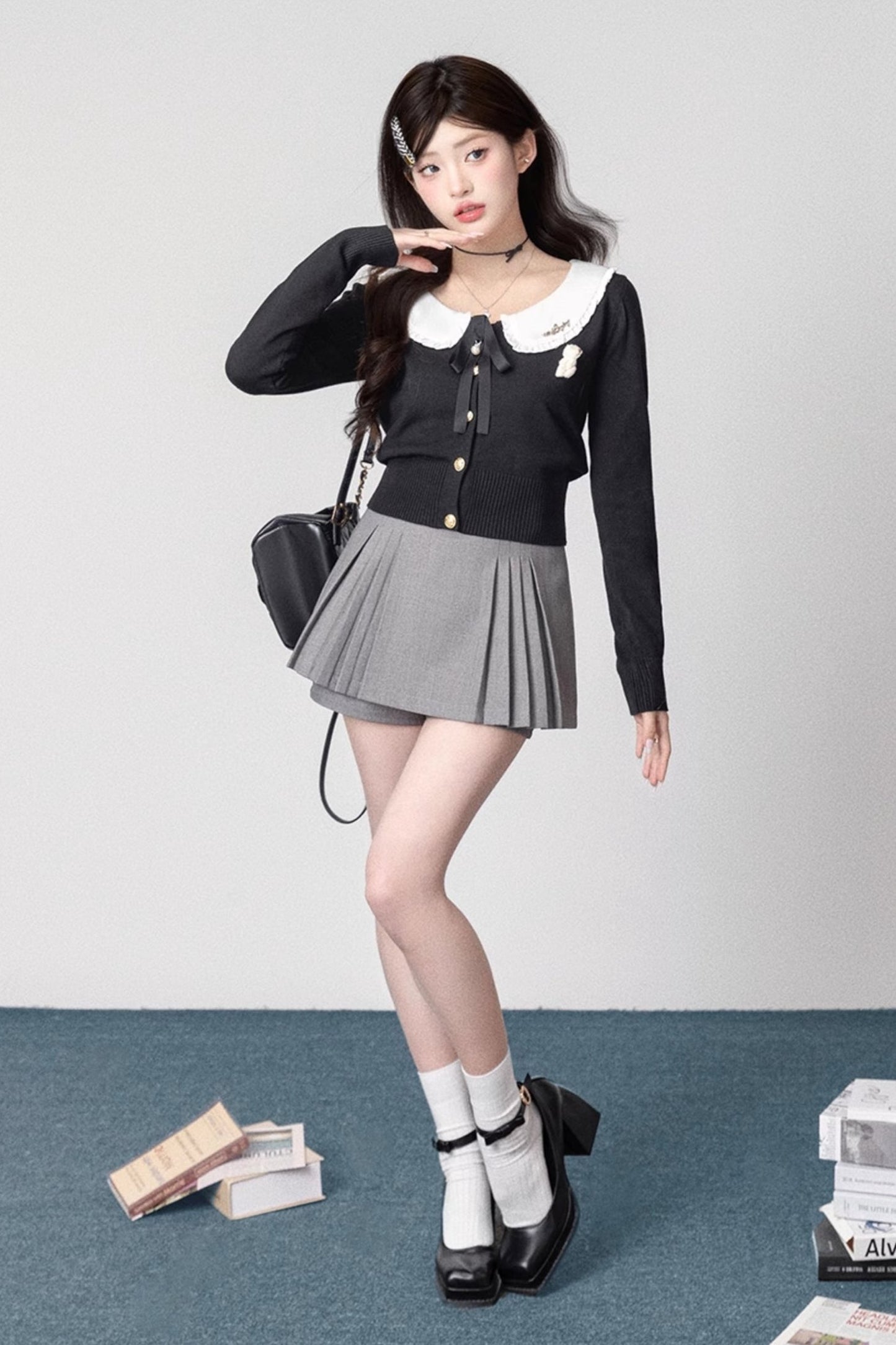 ドールネックニットカーディガンセット