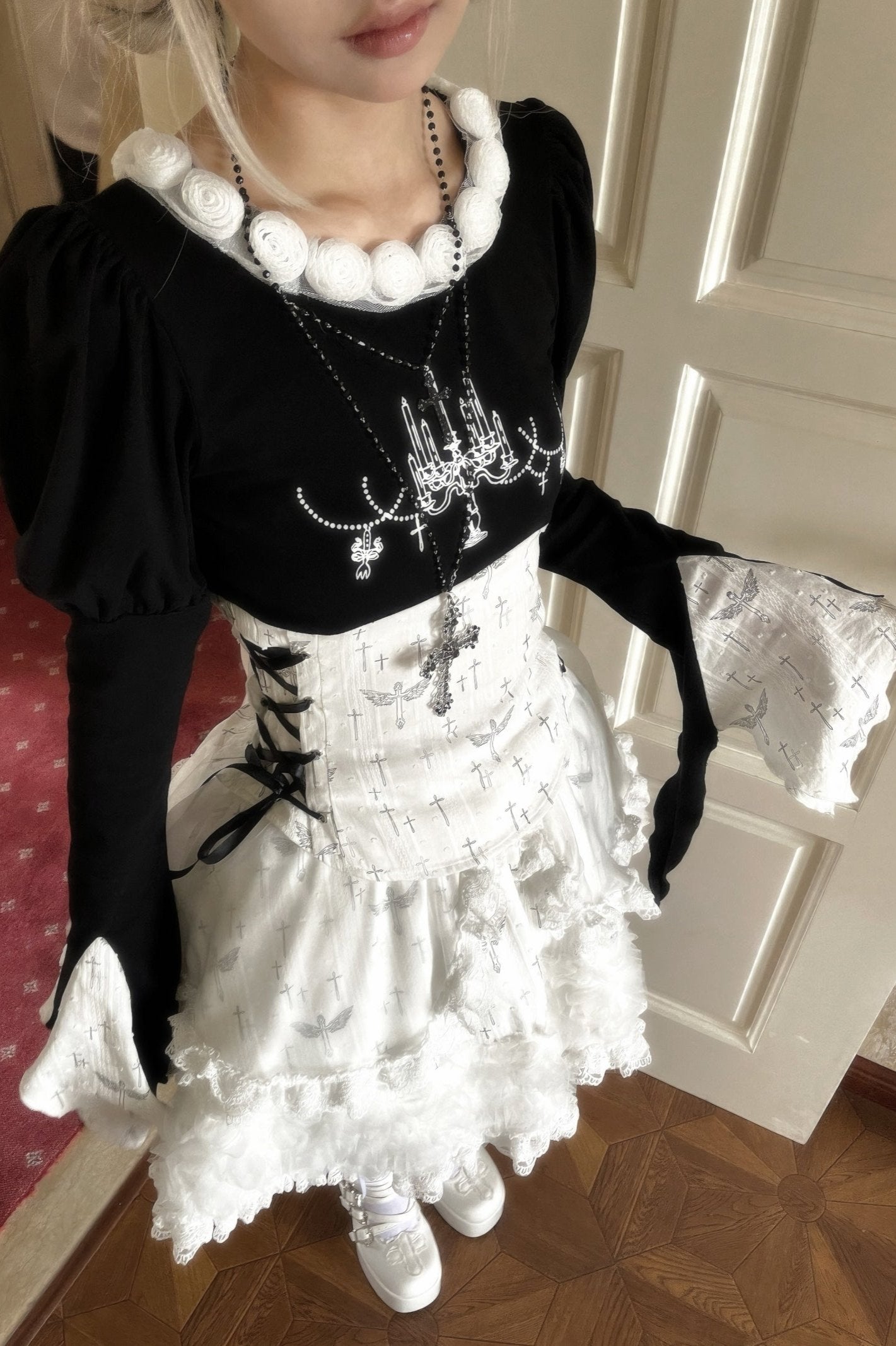 Black and White Cross Print Bell Sleeve Top