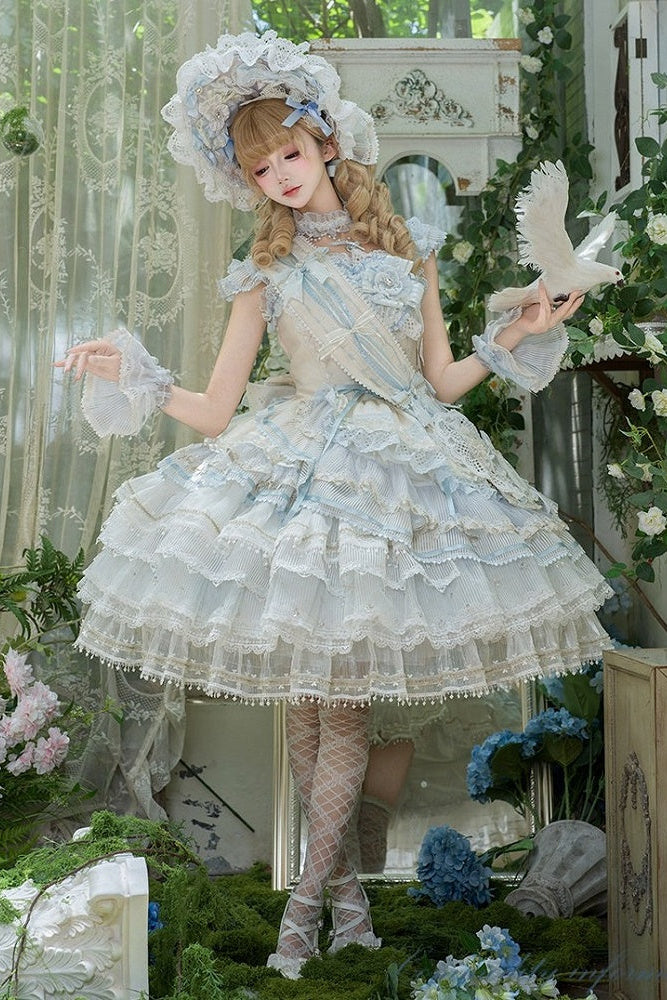 【8月1日予約締切】ブルー×ホワイトスイートロリータフローラルティアードドレスセット