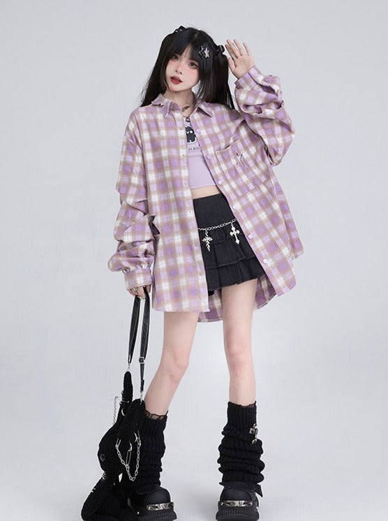 Hollow Out Star Check Loose Shirt