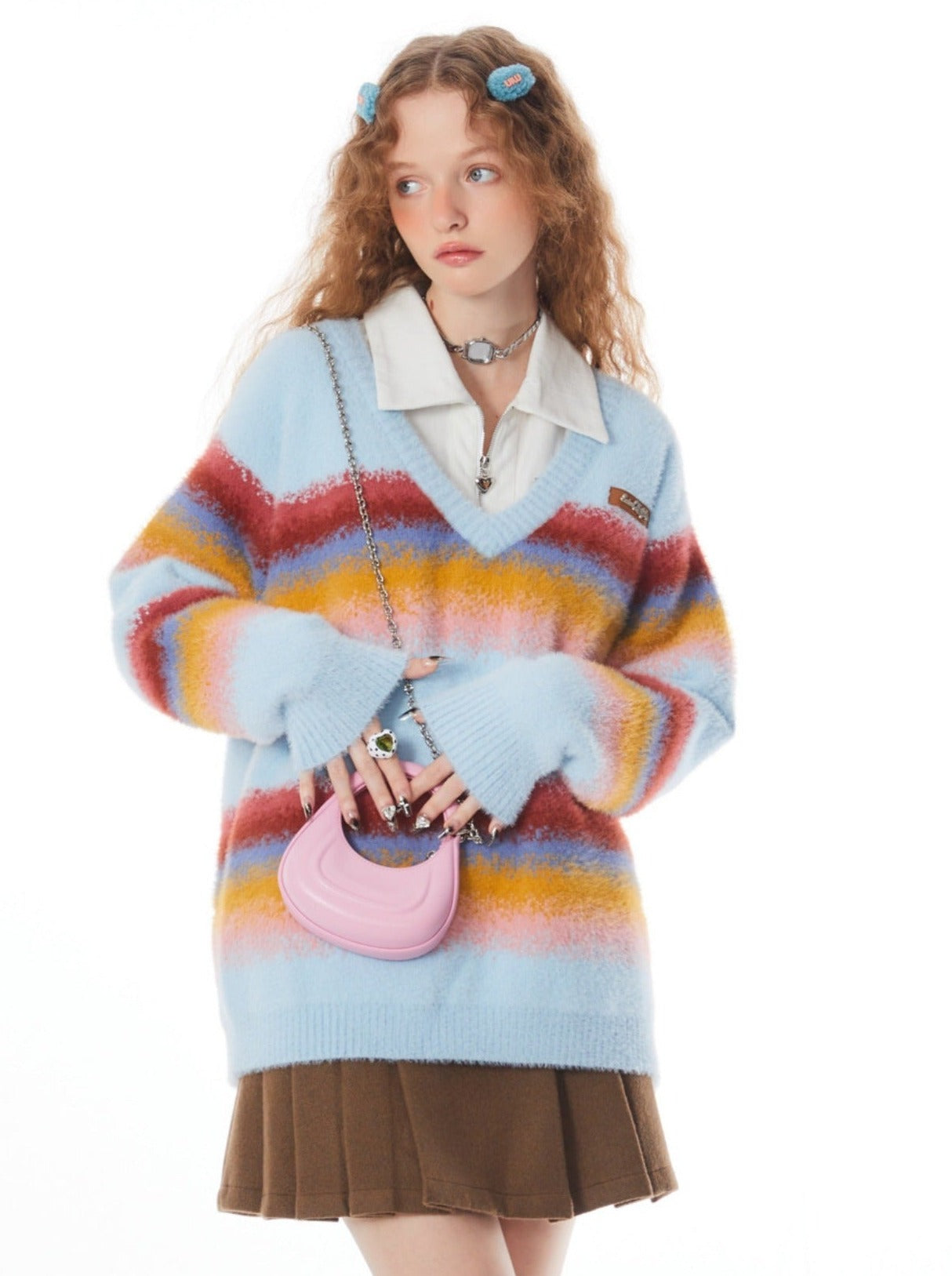 美式复古撞色彩虹渐变条纹 V 领毛衣