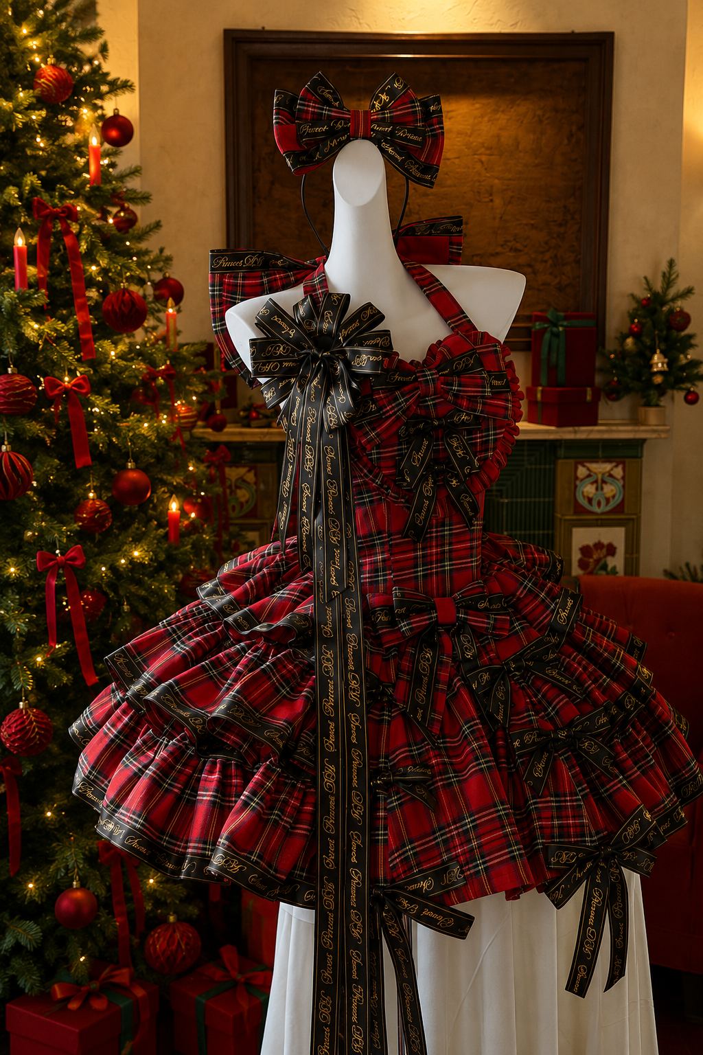 Kariertes Ballerina-Lolita-Kleid mit Schleife