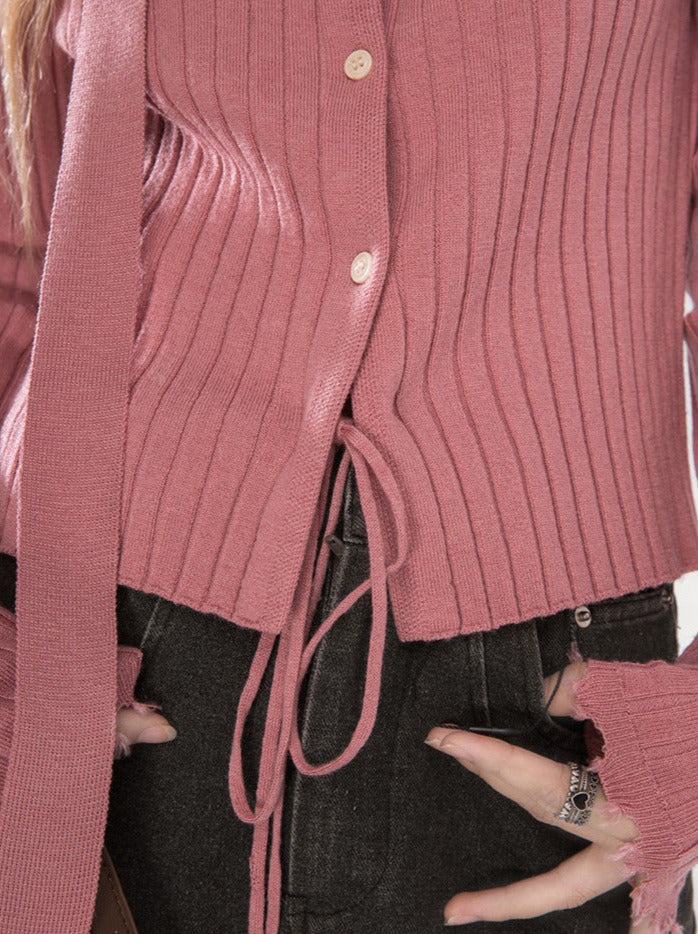 Begonia Pink Tassel Wool Ribbon Scarf U-Neck Strap Cardigan Top