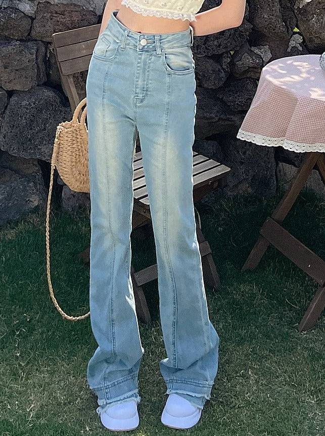 Washed Damaged Denim Flared Pants