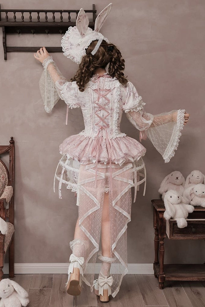 【10月6日予約締切】Pink Castle Bunny Romantic Doll Lace Puff Sleeve Corset Top + Shorts + Frill Overskirt + Birdcage Overskirt Set 1/2/3
