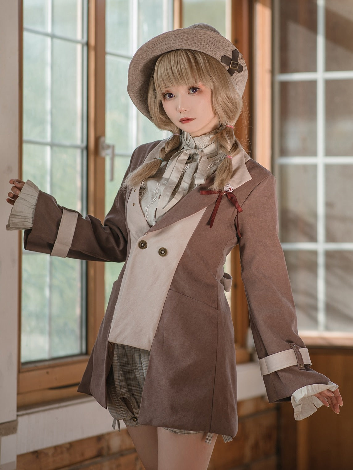 스팀 컨티넨탈 밀크 브라운 콘트라스트 컬러 레트로 재킷 쇼트 코트