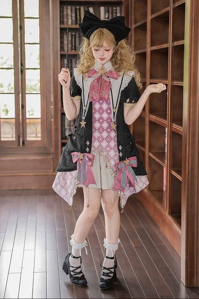 【10月13日予約締切】Magic Academy Starry Diamond Pendant Bow Lolita Dress + Black Lace Trim Bow Puff Sleeve Jacket + Detachable Star Embroidery Ribbon Frill Collar + Full Set