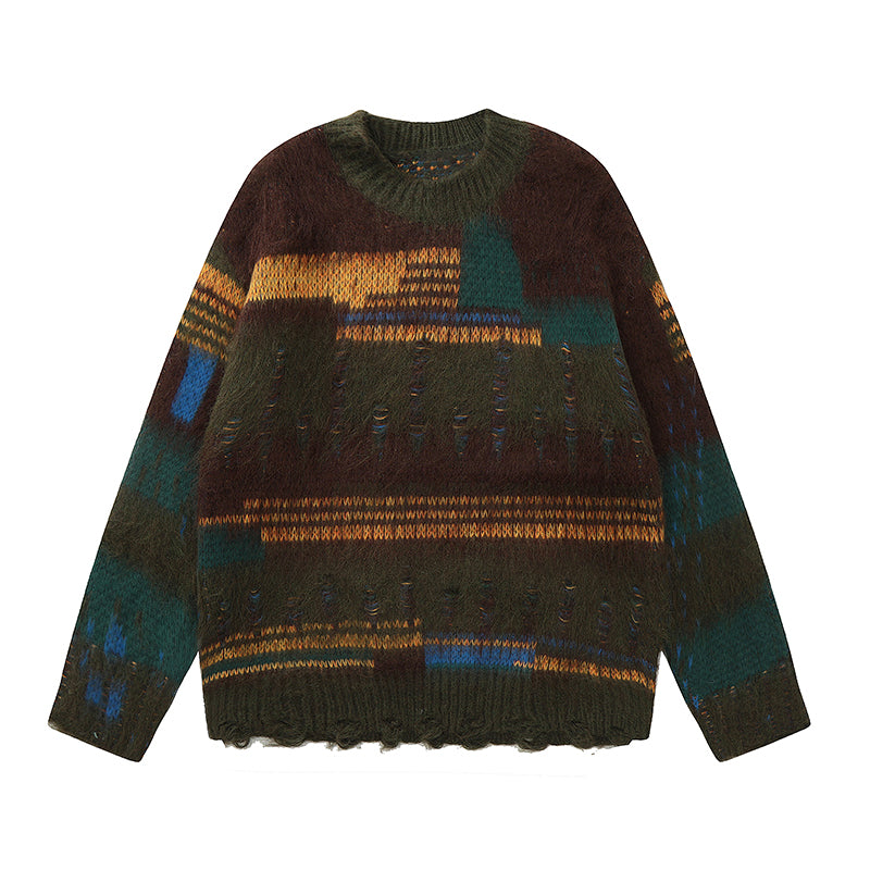 Distressed Contrast Knit Sweater