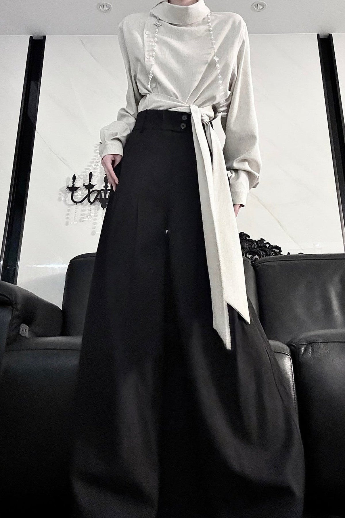 Deconstructed Asymmetrical Placket Tie-Waist Shirt