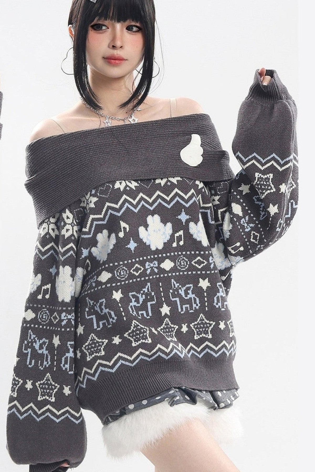 Fair Isle Off-Shoulder Sweater