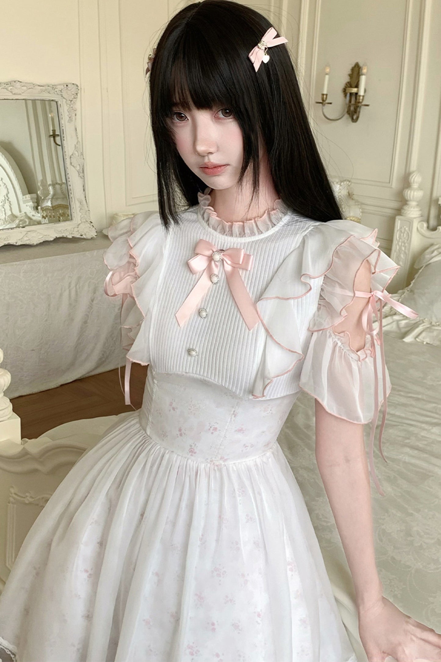 Three-Layer Waist Pearl Button Pink Bow Dress