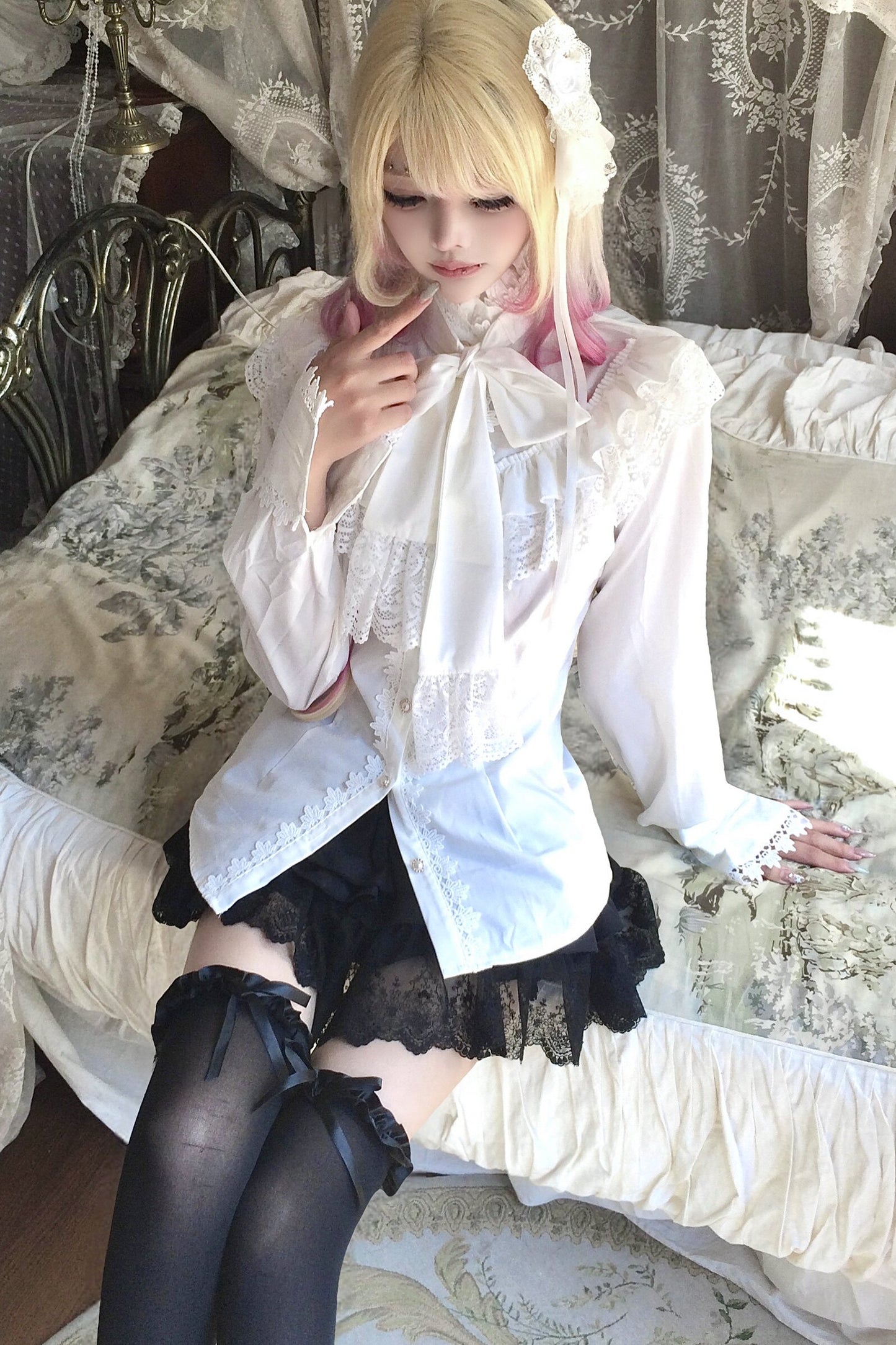 White Ruffle Lace Bow Tie Blouse