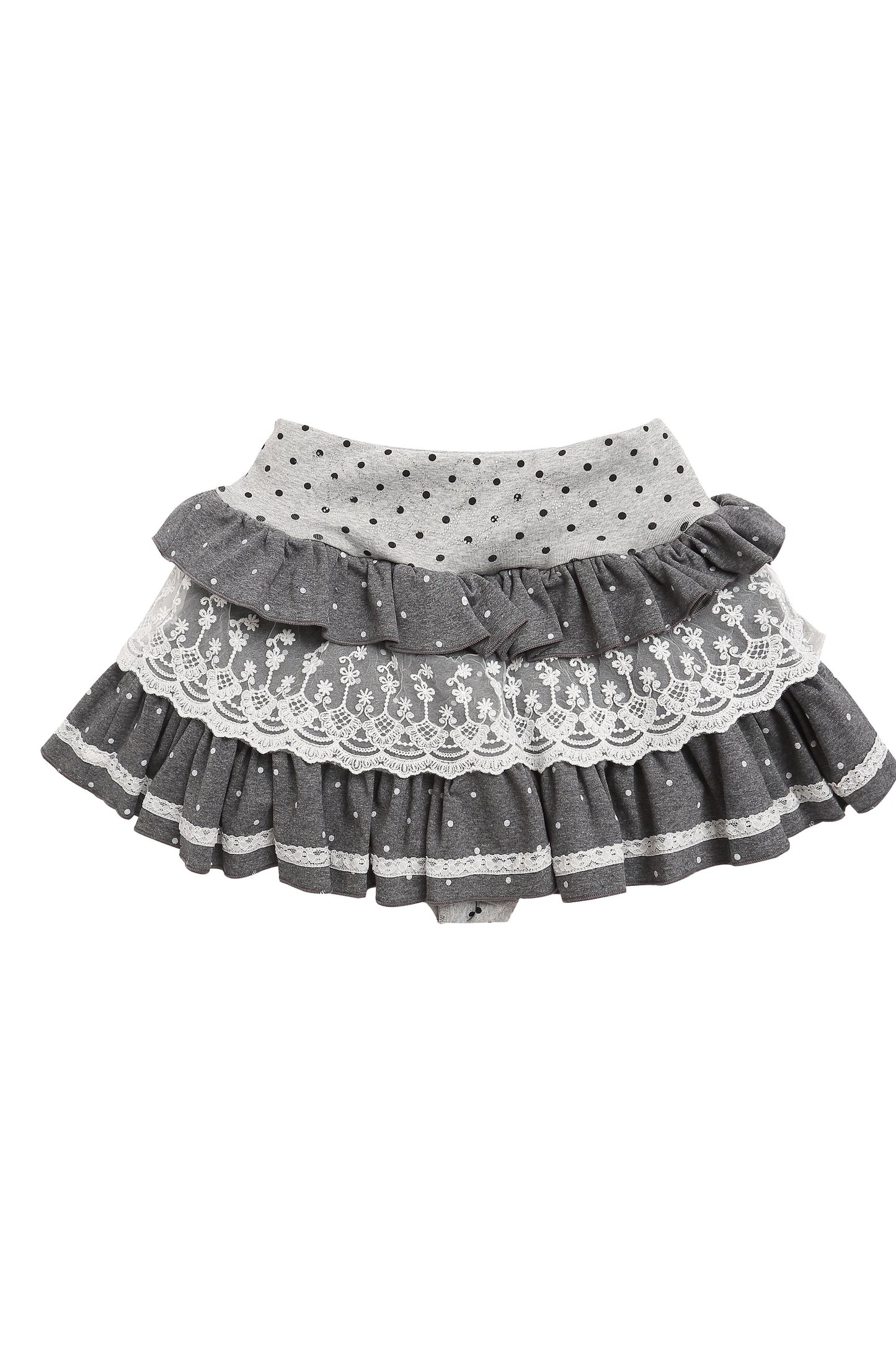 Graues T-Shirt mit Polka-Dots, Spitzenbesatz und Taillenbindung sowie Rock-Set