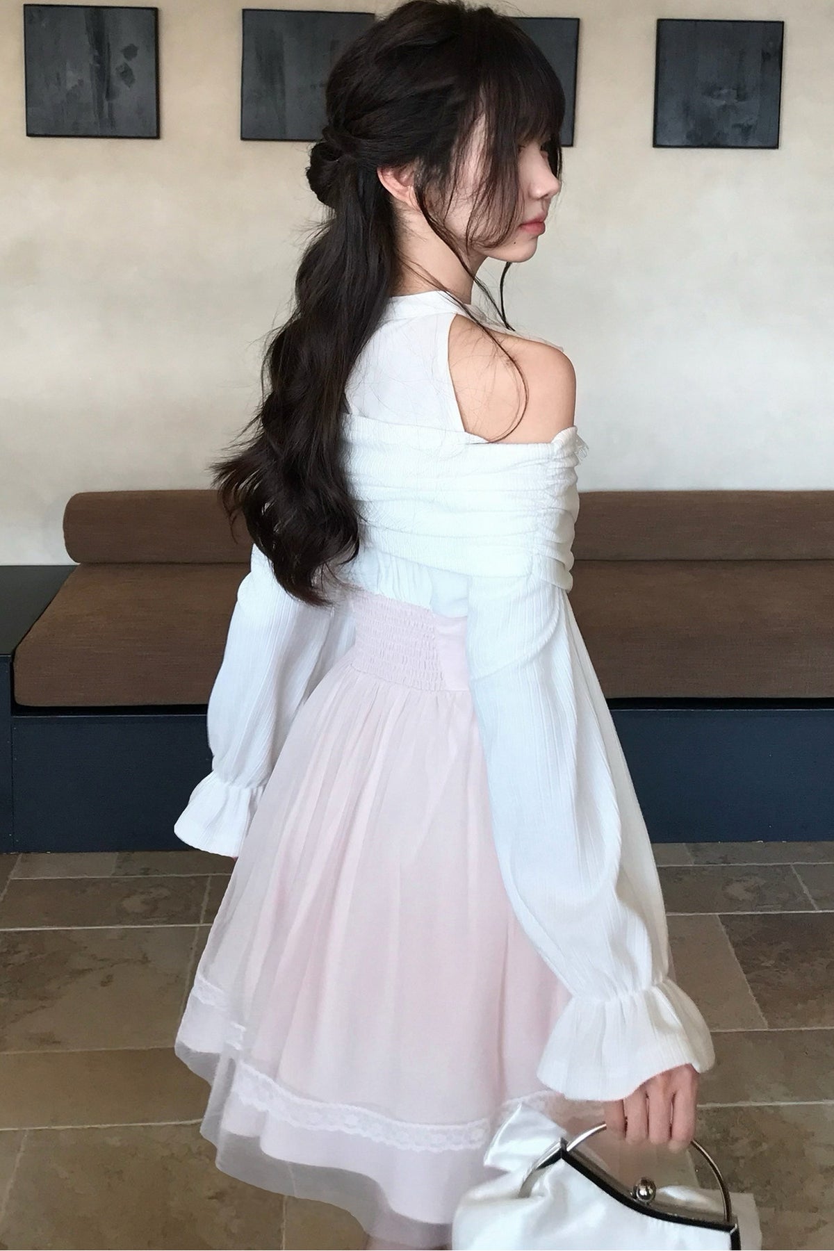 Layered-Look Halter Off-Shoulder Mesh Dress