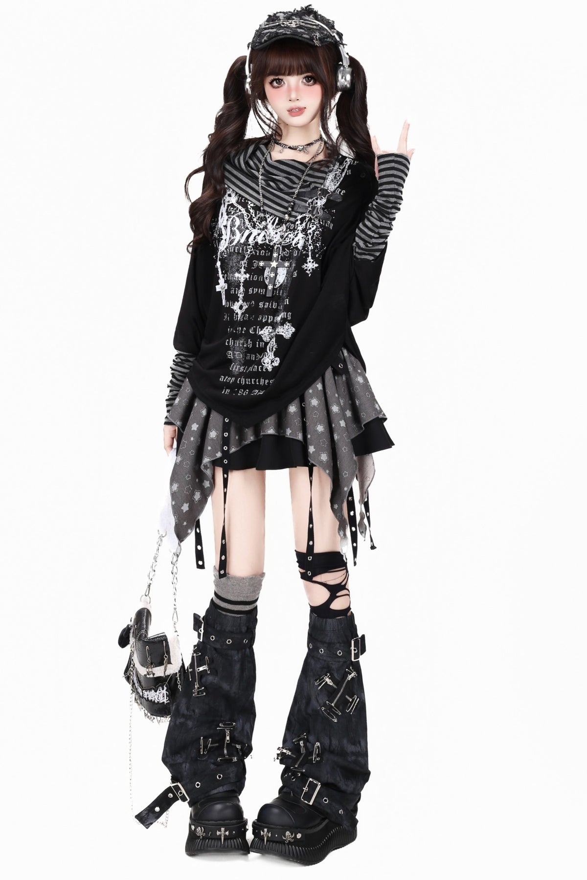 Gothic Print Striped Base Layer Top