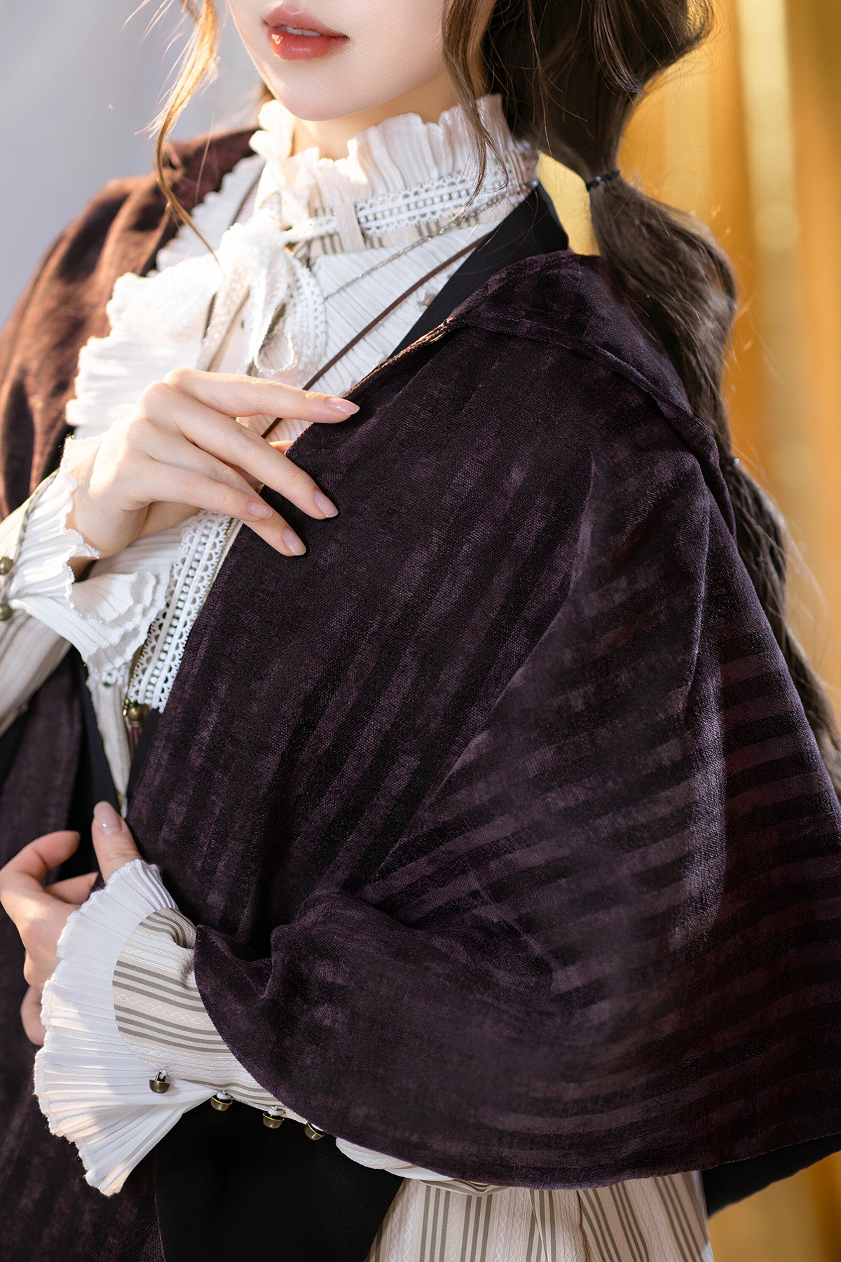 Purple Black Striped Velvet Hooded Cape