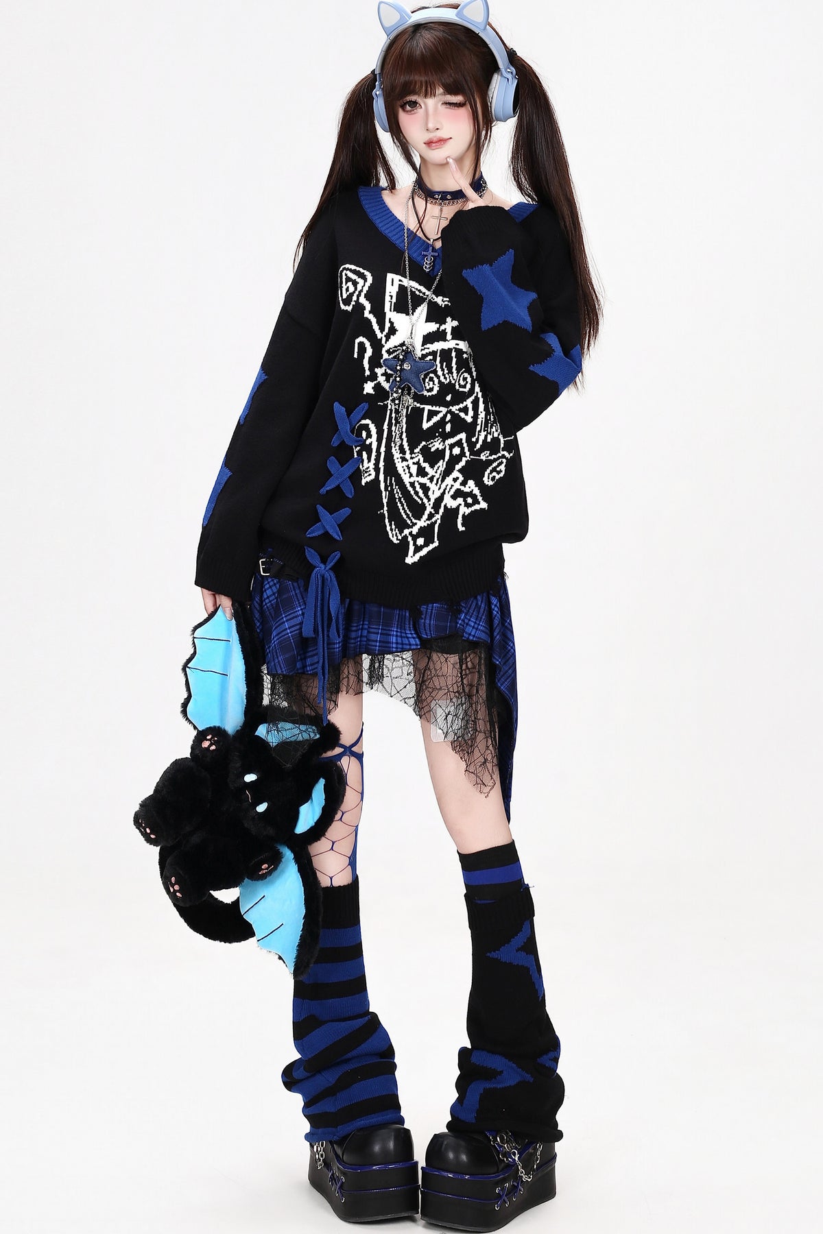 Anime V-Neck Tie Knit Pullover Sweater
