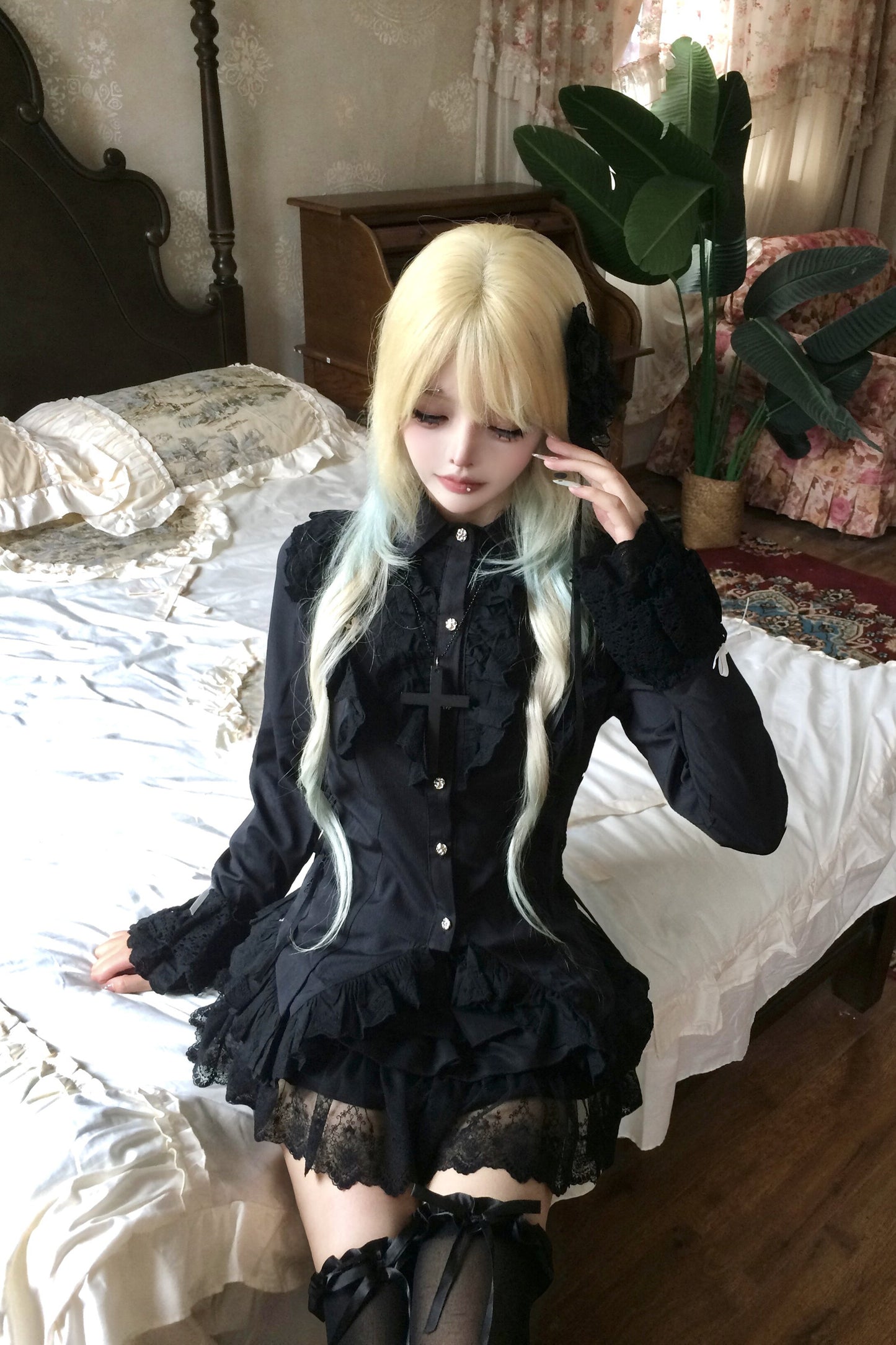 Gothic Black Lace Patchwork Bow Tie Shirt and Skirt Set-Up