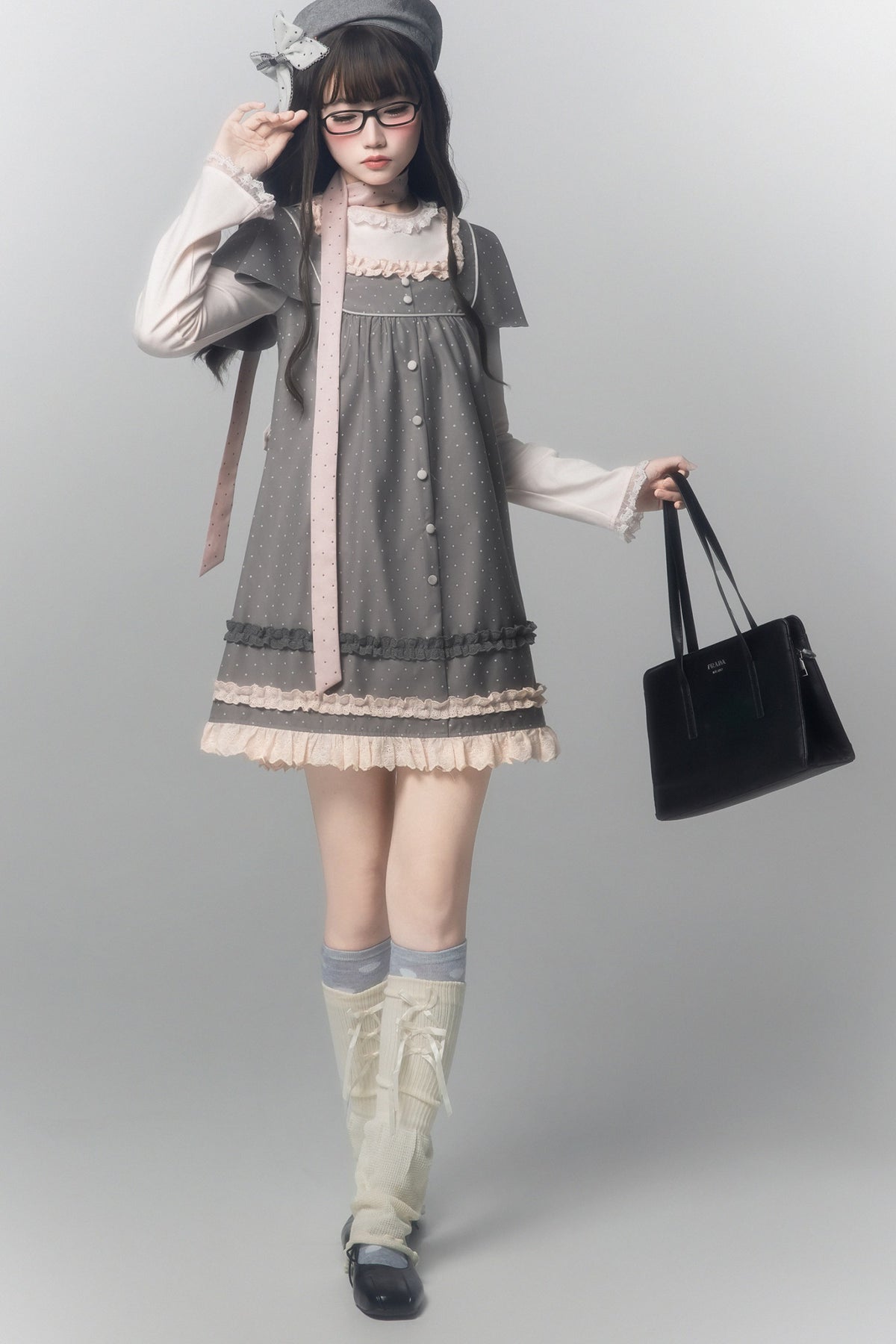 Gray Pink Polka Dot A-Line Layered-Look Dress