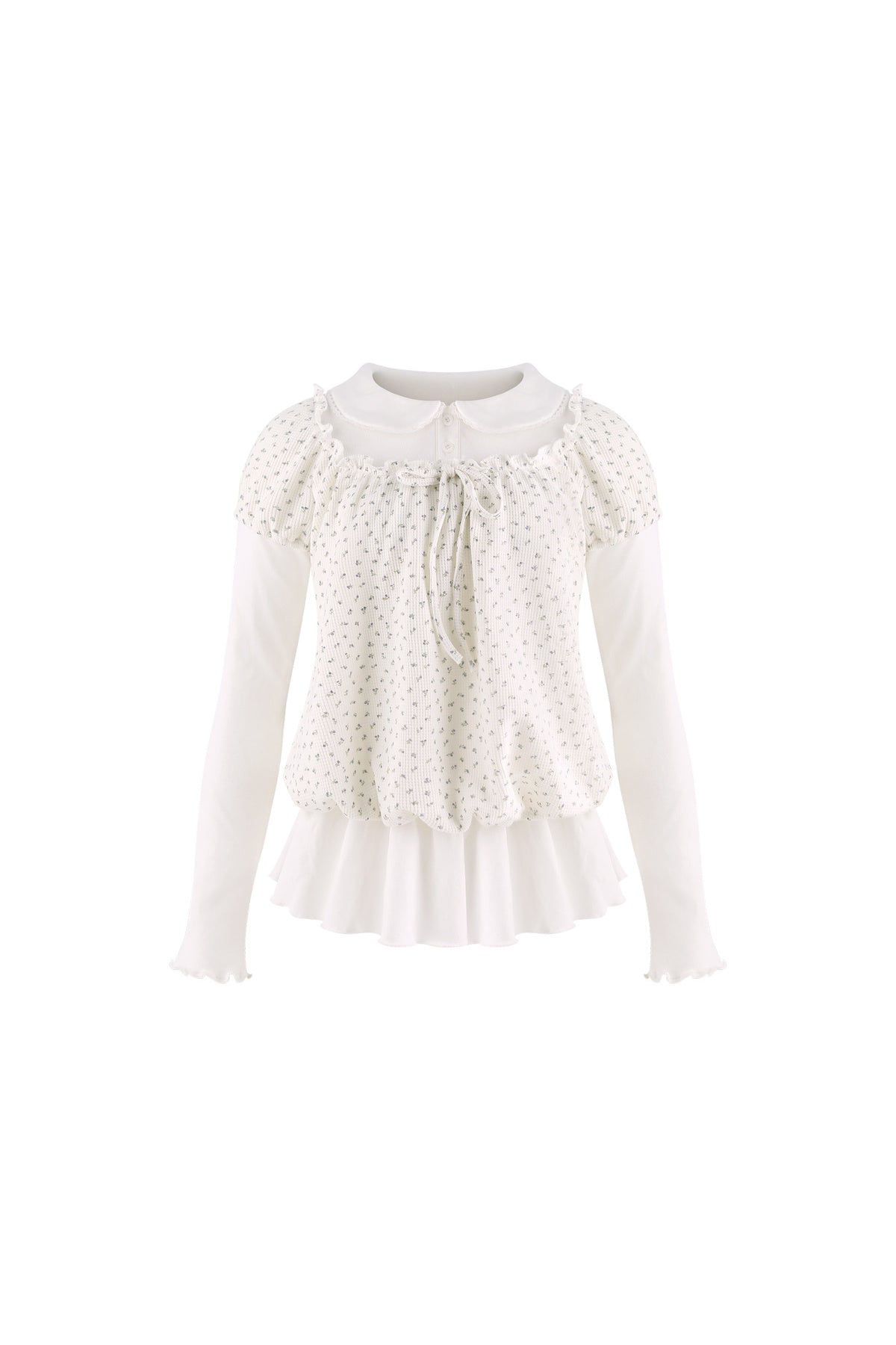 White Floral Layered-Look Top and Bubble Pants Set-Up