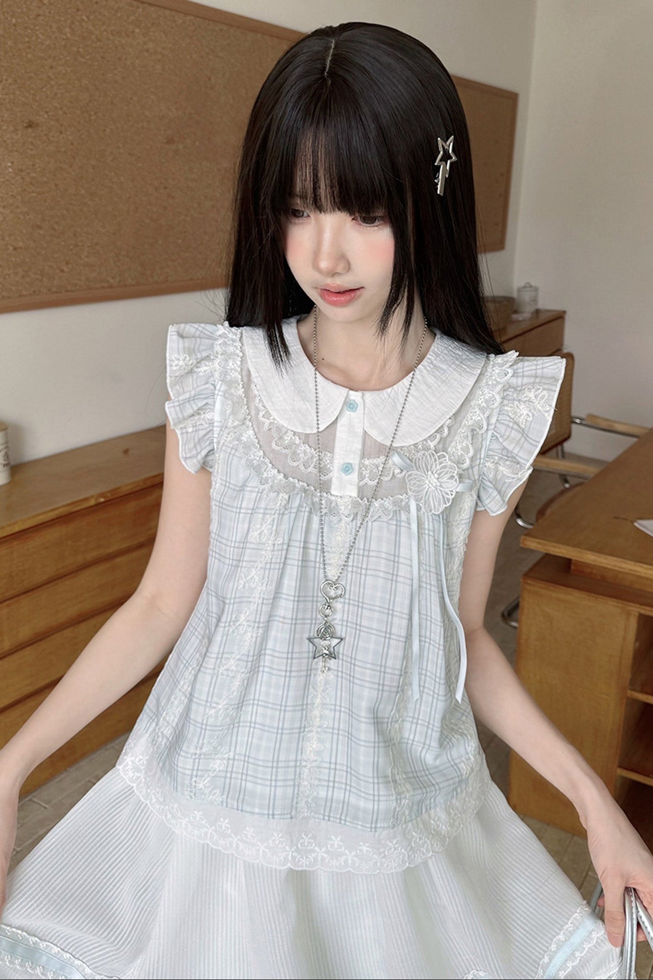 Light Blue Plaid Loose Doll Top and Skirt Set-Up