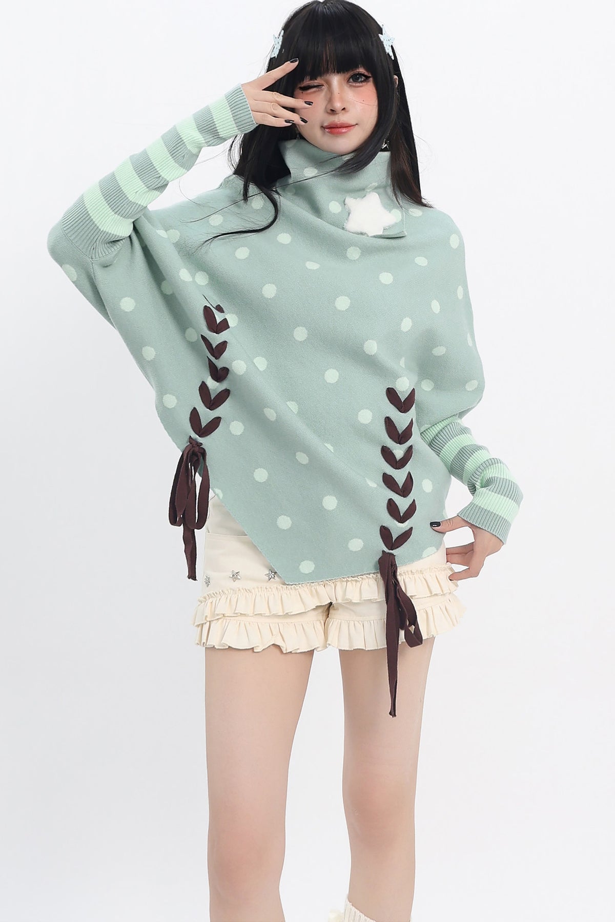 Green Polka Dot Star Tie Knit Top