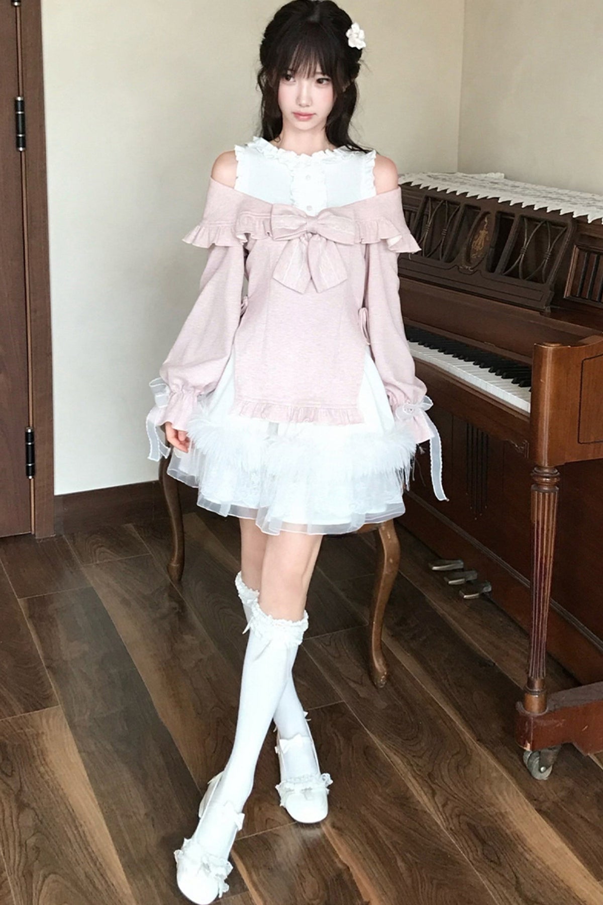 Moon Rabbit Big Bow Off-Shoulder Top and Skirt Set